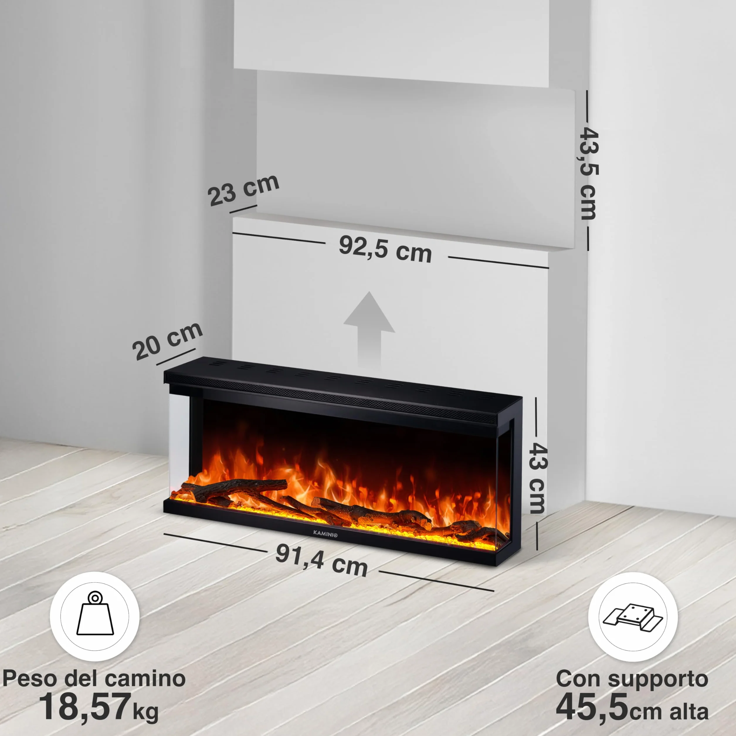 KAMINIO Camino elettrico LEA 3-in-1 con vista panoramica, riscaldamento, effetto fiamma 3D, 12 colori, telecomando 36 pollici