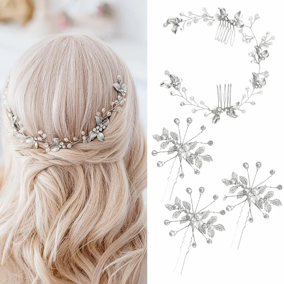 4 Pezzi Accessorio per Capelli da Sposa Pettini per Capelli da Sposa e Forcine a U con Strass Perla Nuziale Decorativo Cerchietto Festa di Nozze per Donne e Ragazze (Argento)