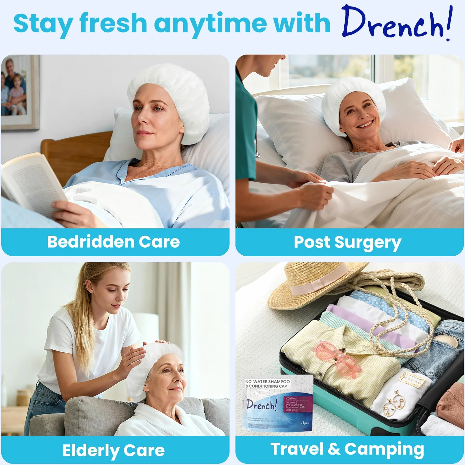 Drench! Medical Cuffia Shampoo Secco senza Acqua - 12 Unità - Balsamo senza Risciacquo - Facile da Usare per Anziani e Costretti a Letto - Con Vitamina E e Provitamina B5