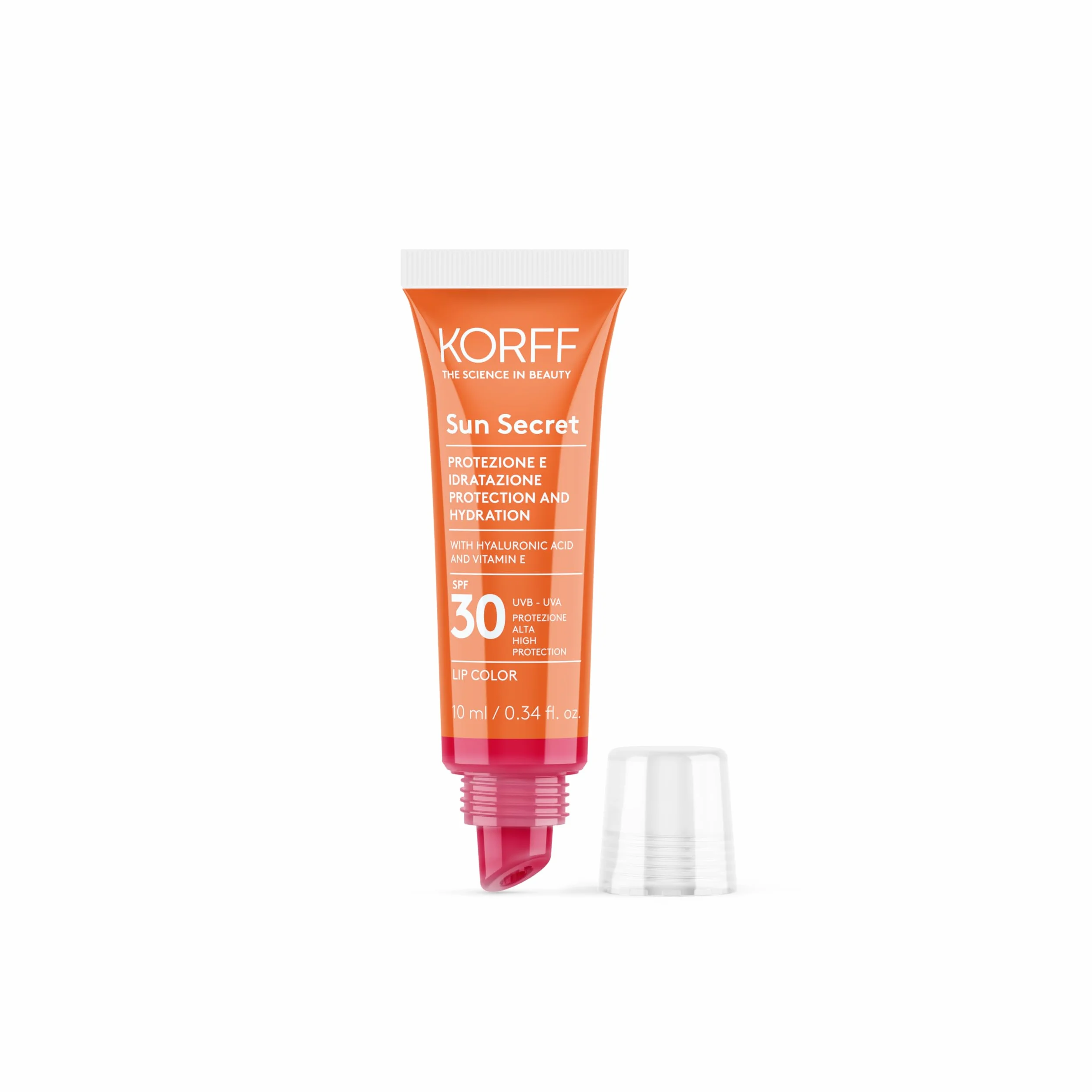 Korff Sun Secret Lip Color SPF30, Protezione Solare Labbra, Effetto Lucido, Acido Ialuronico, Vitamina E e Burro di Karitè, 03 Cherry Red,10 ml