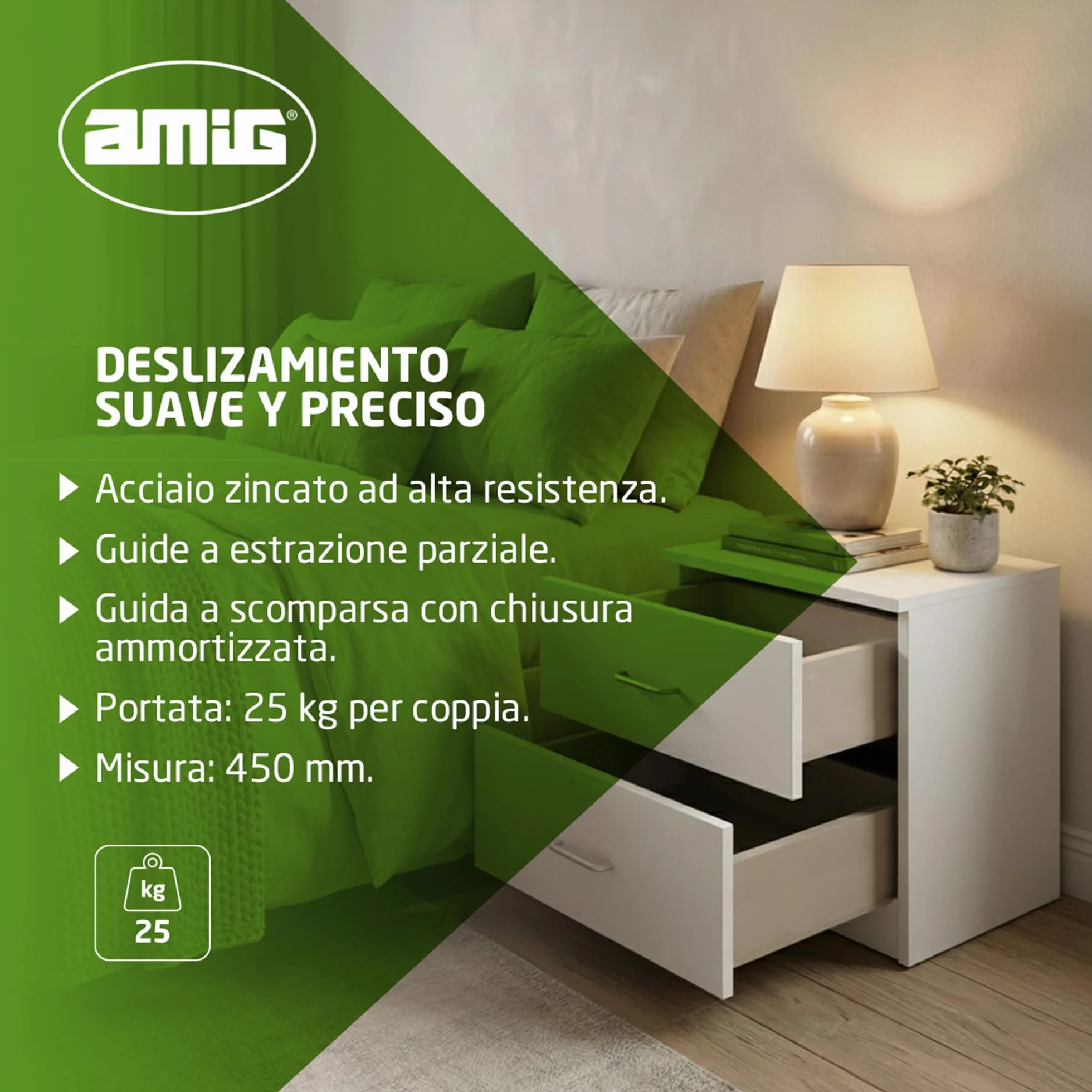 Amig Set di 2 guide scorrevoli Mod.40 in acciaio zincato 25 kg/coppia con chiusura automatica