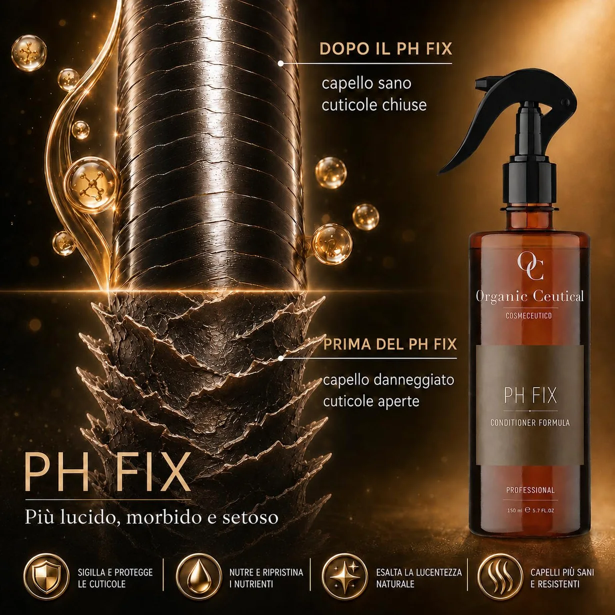 Organic Ceutical Ph Fix Spray Capelli Sigilla Doppie Punte, Trattamento Professionale, Conditioner Ristrutturante Capelli Danneggiati e Spezzati, Effetto Lucidante e Protezione del Colore, 150 ml