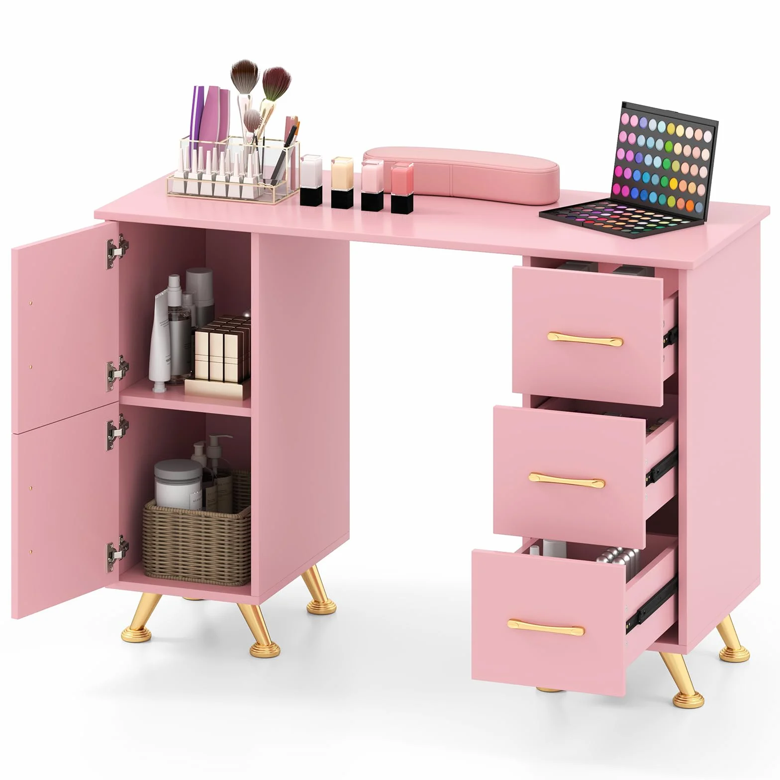 COSTWAY Tavolo per Manicure, Tavolo per Unghie con Cassetti, Cuscino Poggia Polsi e Gambe in Metallo, Stazione per Unghie Estetista Nail Art per Salone di Bellezza (Rosa)