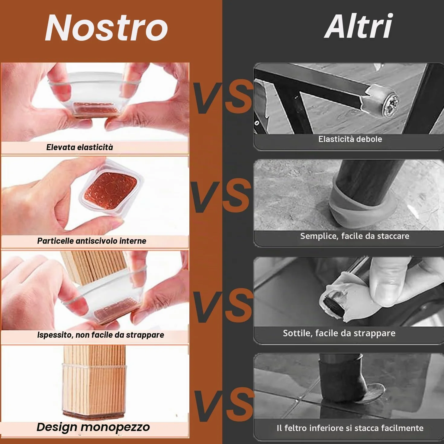 Feltrini per Sedie Quadrati in Silicone con Feltro, Proteggi Gambe Mobili 20-30mm, Antigraffio