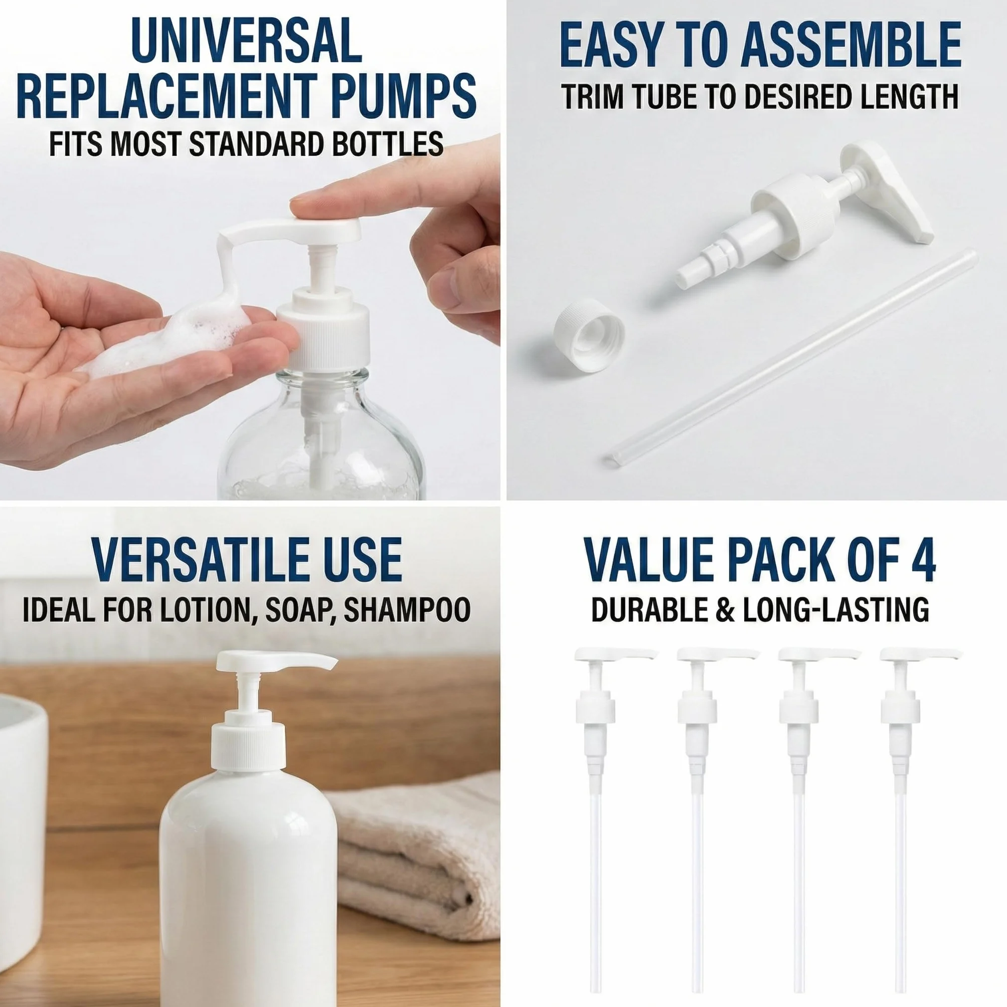 8 Dosatori per Dosaggio - Pompa per Sciroppo per Bottiglie da 500ml/1000ml, Compatibile con Tappi 28/410 e 24/410, Perfetta per Sciroppi, Shampoo e Balsami (Bianco, 0.5/1L)