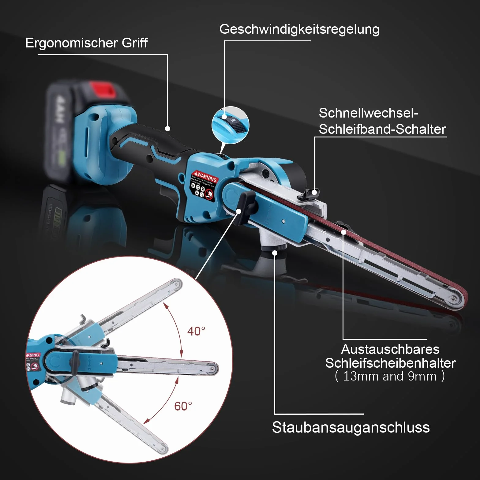 Levigatrice a nastro a batteria 2000 mAh senza spazzole 6 velocità 100° regolabile 9mm 13mm 16 nastri