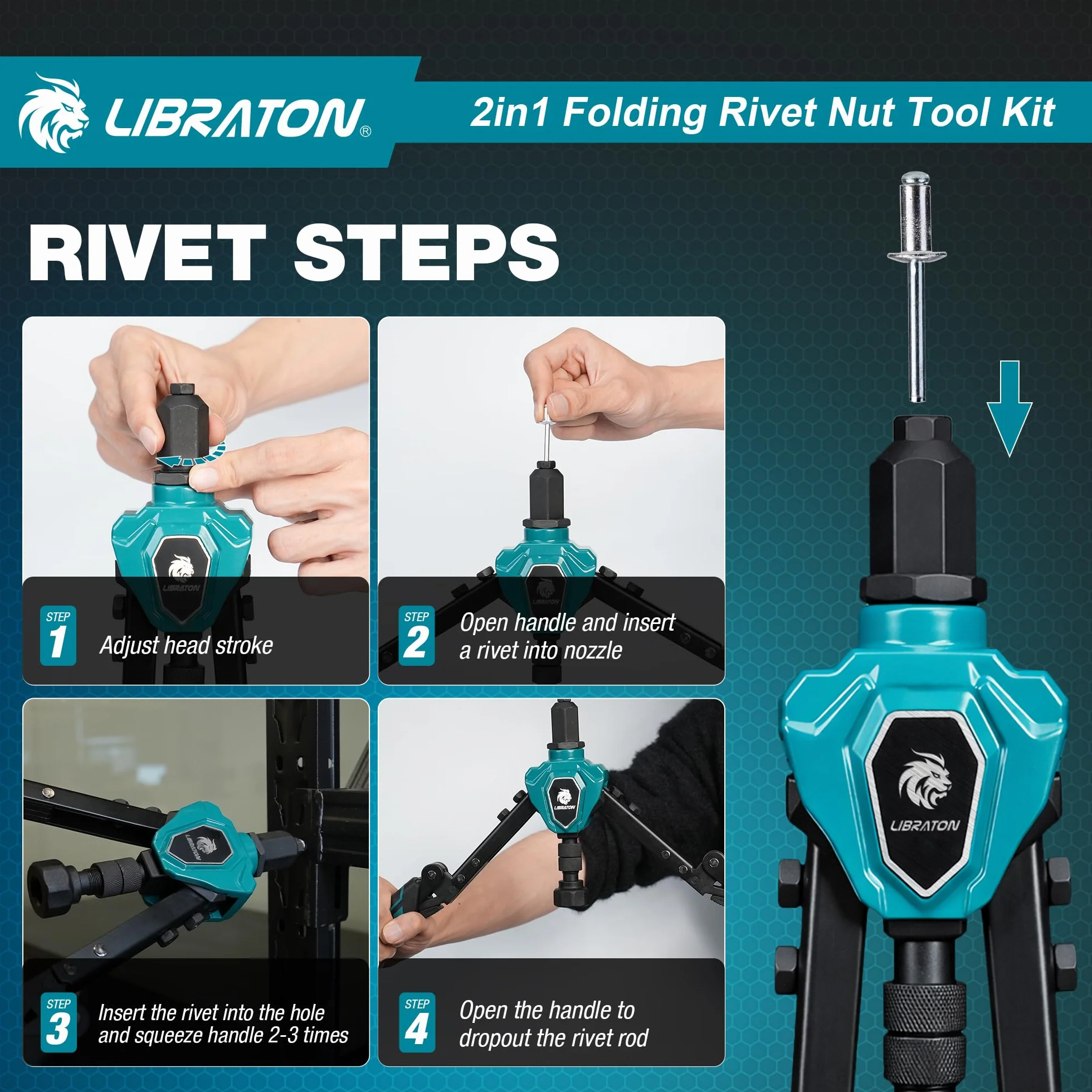 LIBRATON Rivettatrice Pieghevole 2 in 1 per Inserti Filettati, 7 Mandrini M3-M12, 5 Teste 2.4-6.4mm, 70 Inserti 200 Rivetti