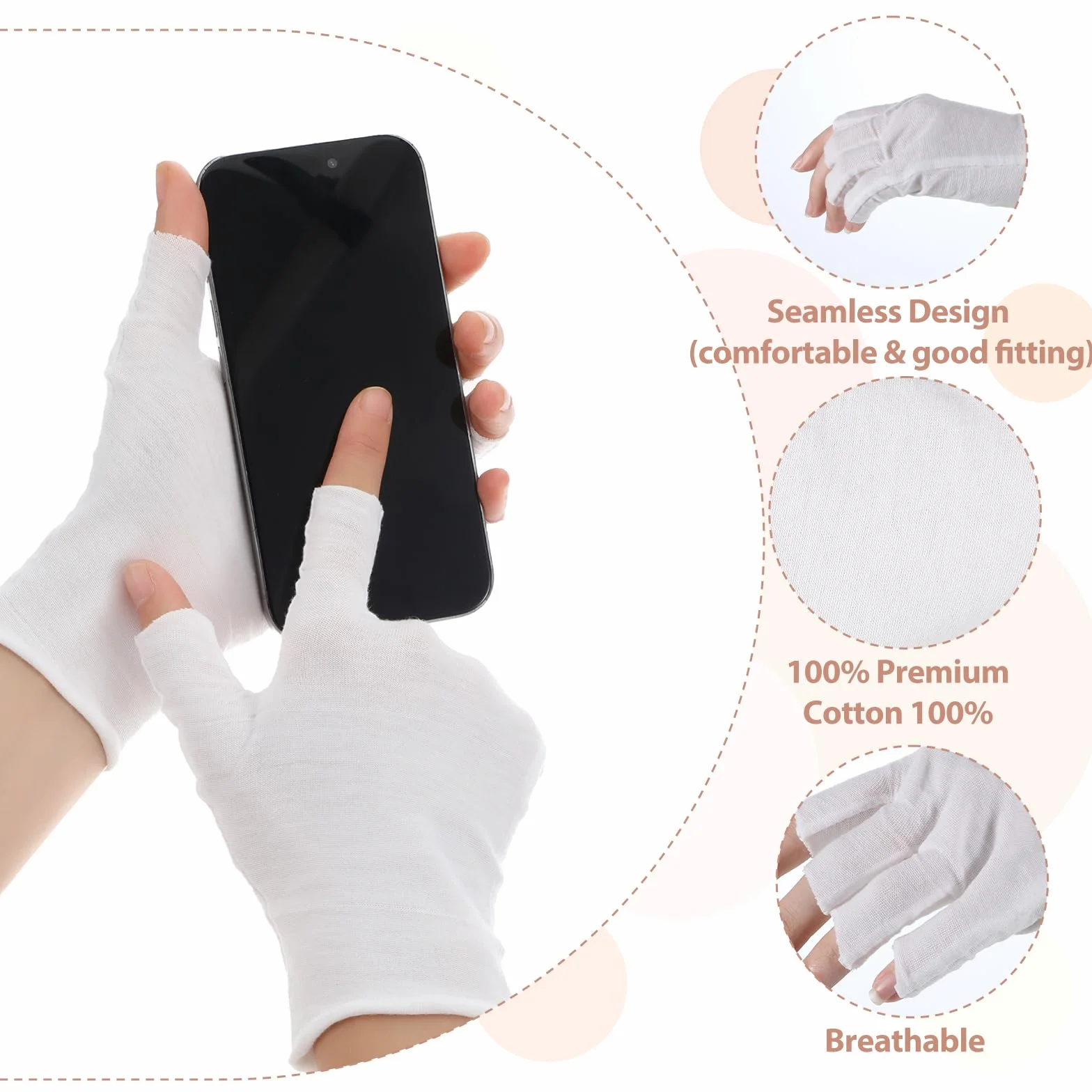 4 paia di guanti in cotone senza dita, guanti protettivi UV per lampade gel unghie bianchi sottili senza dita per mani asciutte touch screen spa trattamento della pelle