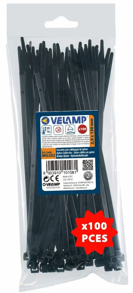 Fascette Stringicavo Nere 2,5x200mm 100 Pz Diametro Legatura Max 53mm