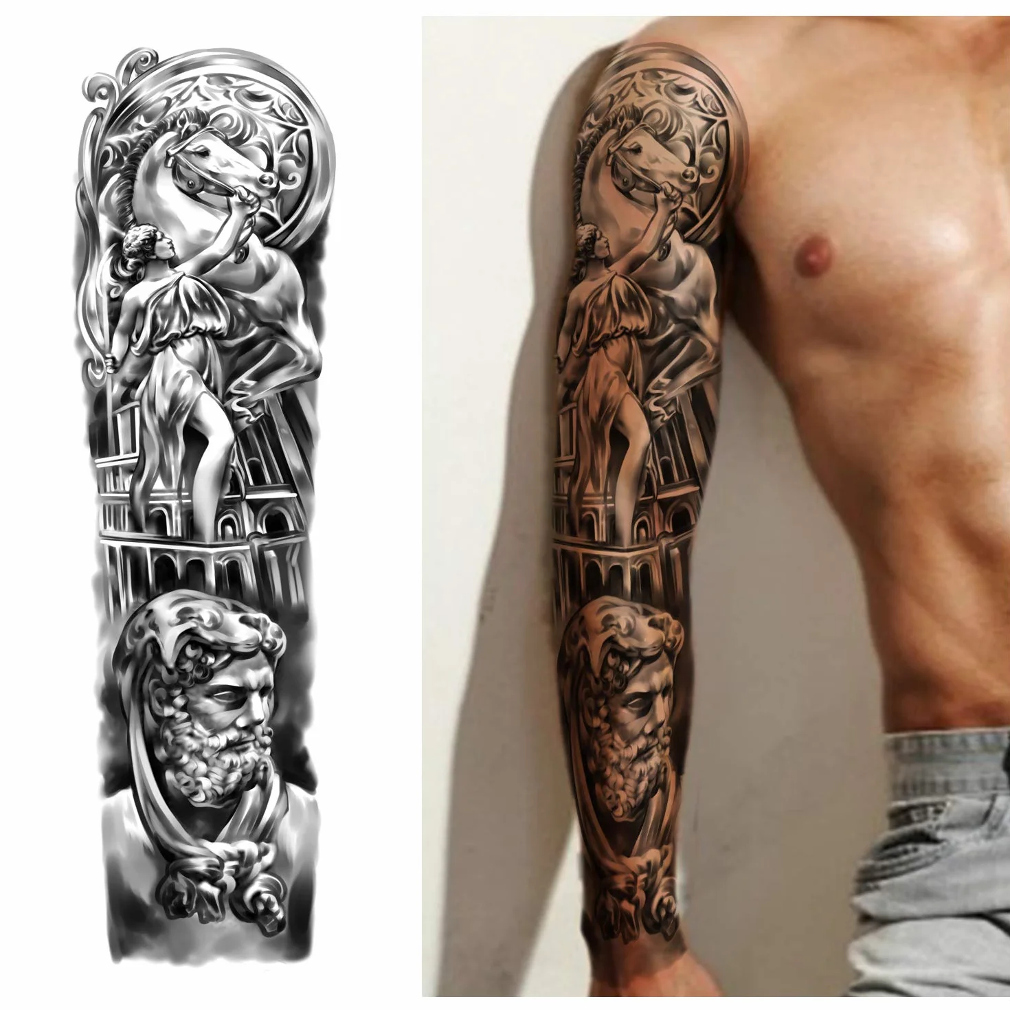 Tatuaggi Temporanei Impermeabili Braccio Completo 8 Fogli e Metà Braccio Tatuaggi Finti 8 fogli, Adesivi per Tatuaggi Extra Large per Uomini e Donne o Adulti (58X18 cm)
