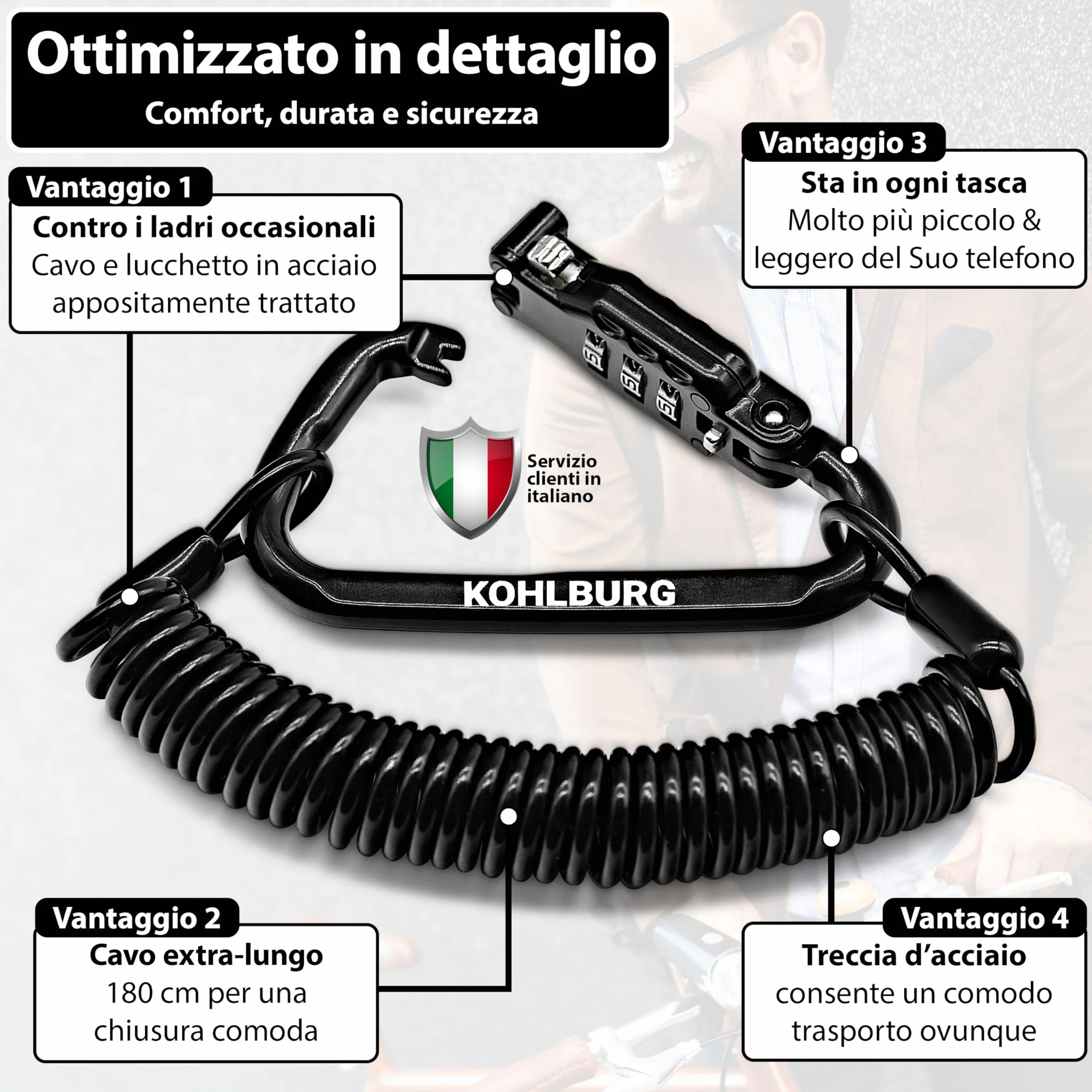 KOHLBURG lucchetto con combinazione extra lungo 180 cm cavo 3 mm per moto, bicicletta, valigia, snowboard