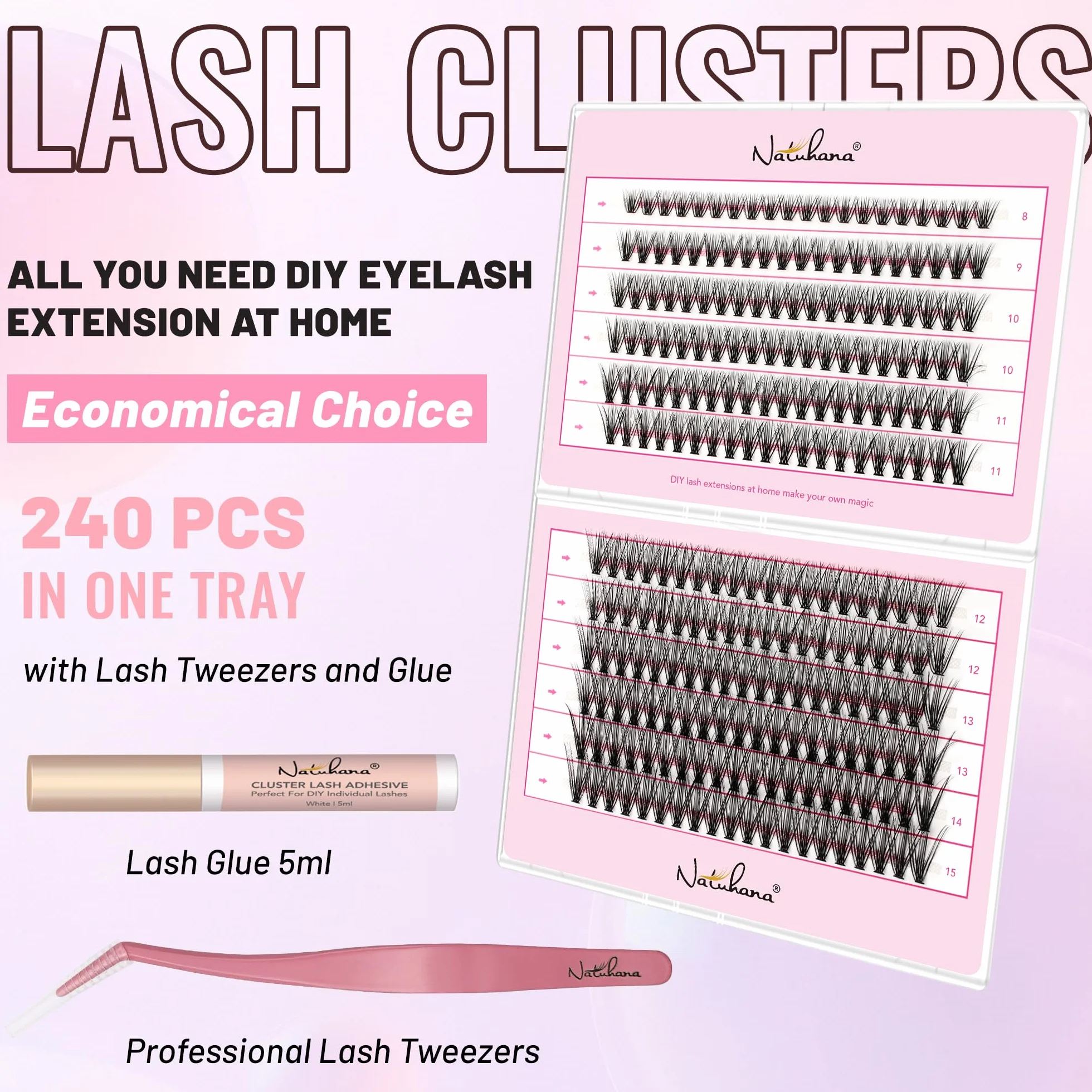 Ciglia Finte Ciuffetti, 240 PCS Ciglia Extension Kit 8-15mm Misto Naturali 0.07mm, DIY Eyelash Extension Cluster con Pinzette e Colla(30P, Nero, 8-15mm)