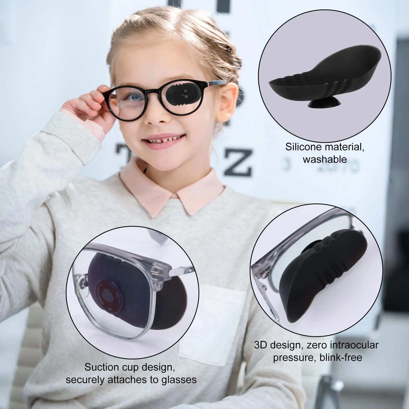 Benda Oculare, Design 3D per Contorno Occhi Benda Oculare Lavabile in Silicone con Design a Ventosa per Tutti Gli Occhiali Adulti e Bambini