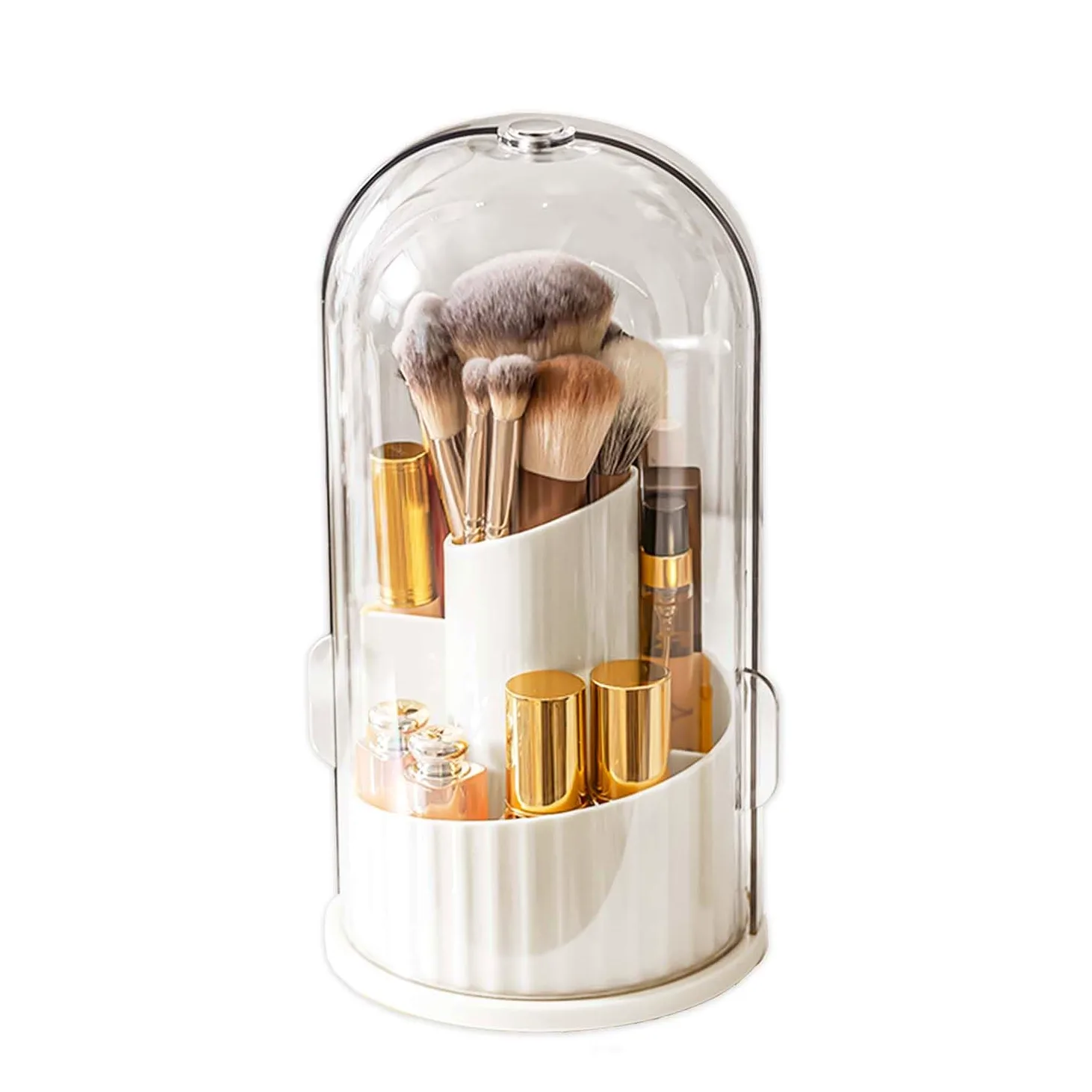 Organizer per pennelli da trucco con coperchio, girevole a 360 gradi, antipolvere, trasparente, organizer per pennelli da trucco per comò, piano di lavoro del bagno (bianco con copertura