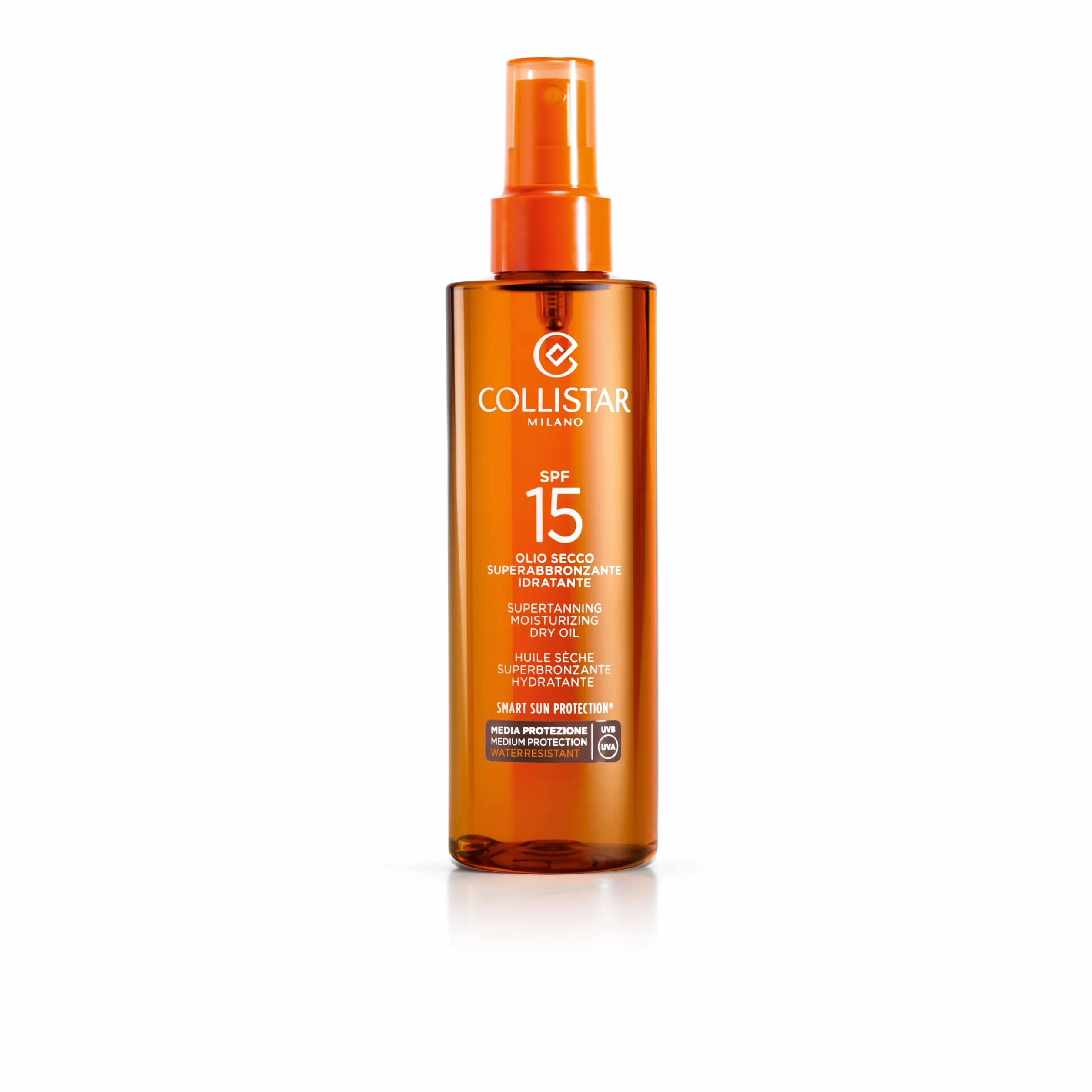 Collistar Olio Secco Superabbronzante Idratante SPF 15, Protezione Solare Media, Intensifica l’Abbronzatura, Per Corpo, Viso e Capelli, Non Unge, Rapido Assorbimento, 200 ml