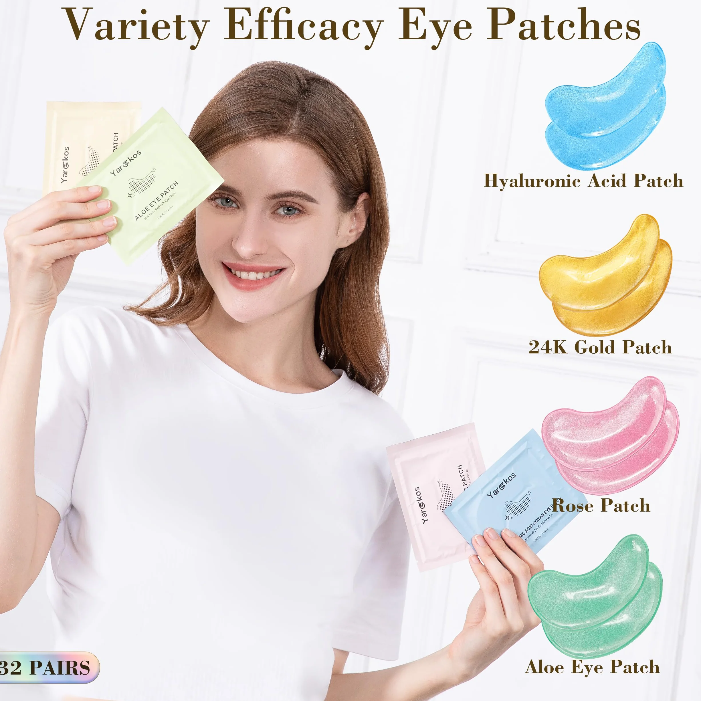 32 paia di cerotti oculari idratanti per occhiaie scure, cuscinetti anti-rughe, 32 set di gel viso per la cura dei viaggi (Oro 24 carati, blu, rosa, verde)