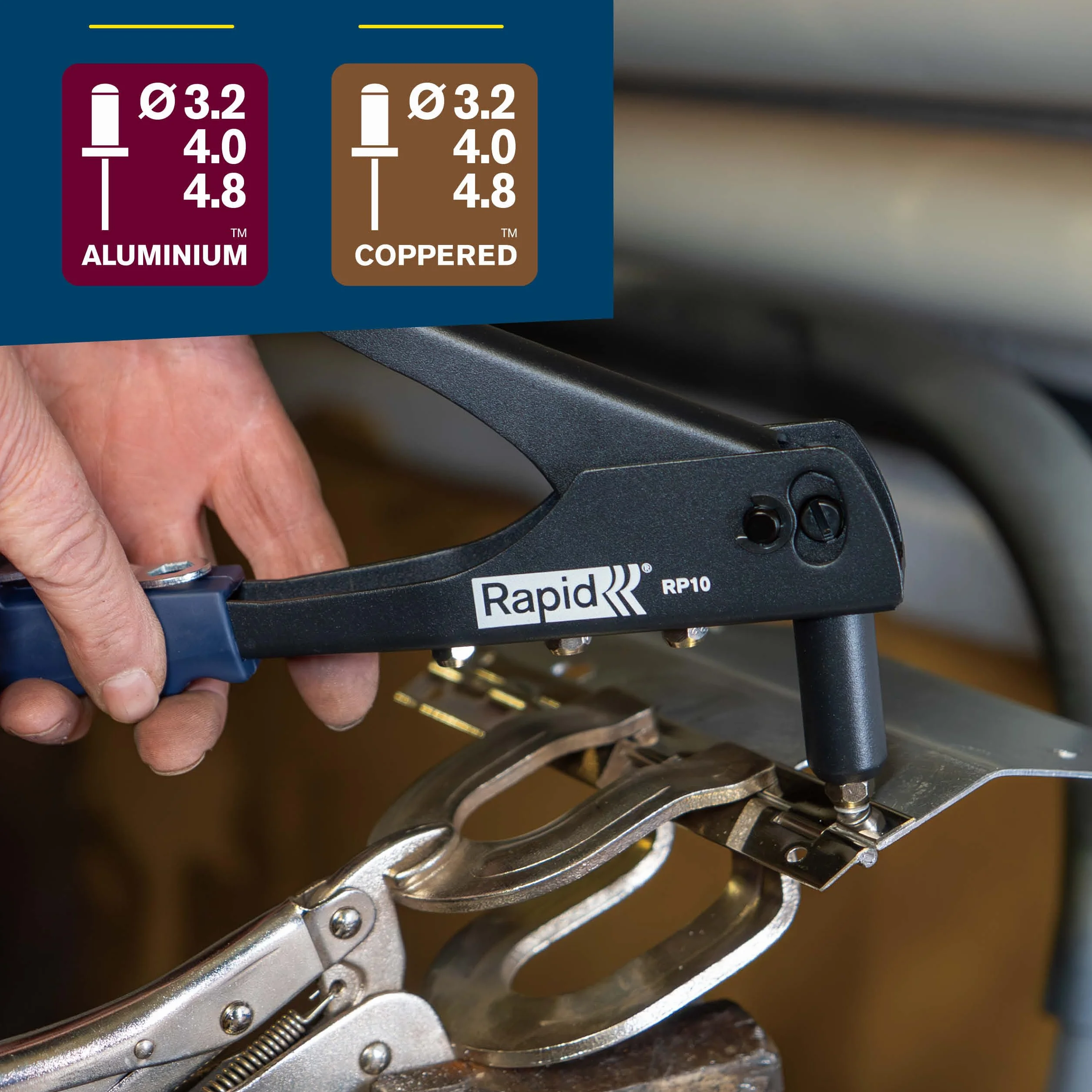 Rapid RP10 Kit Rivettatrice Manuale con 100 Rivetti Alluminio 3.2-4.8mm Impugnatura Morbida