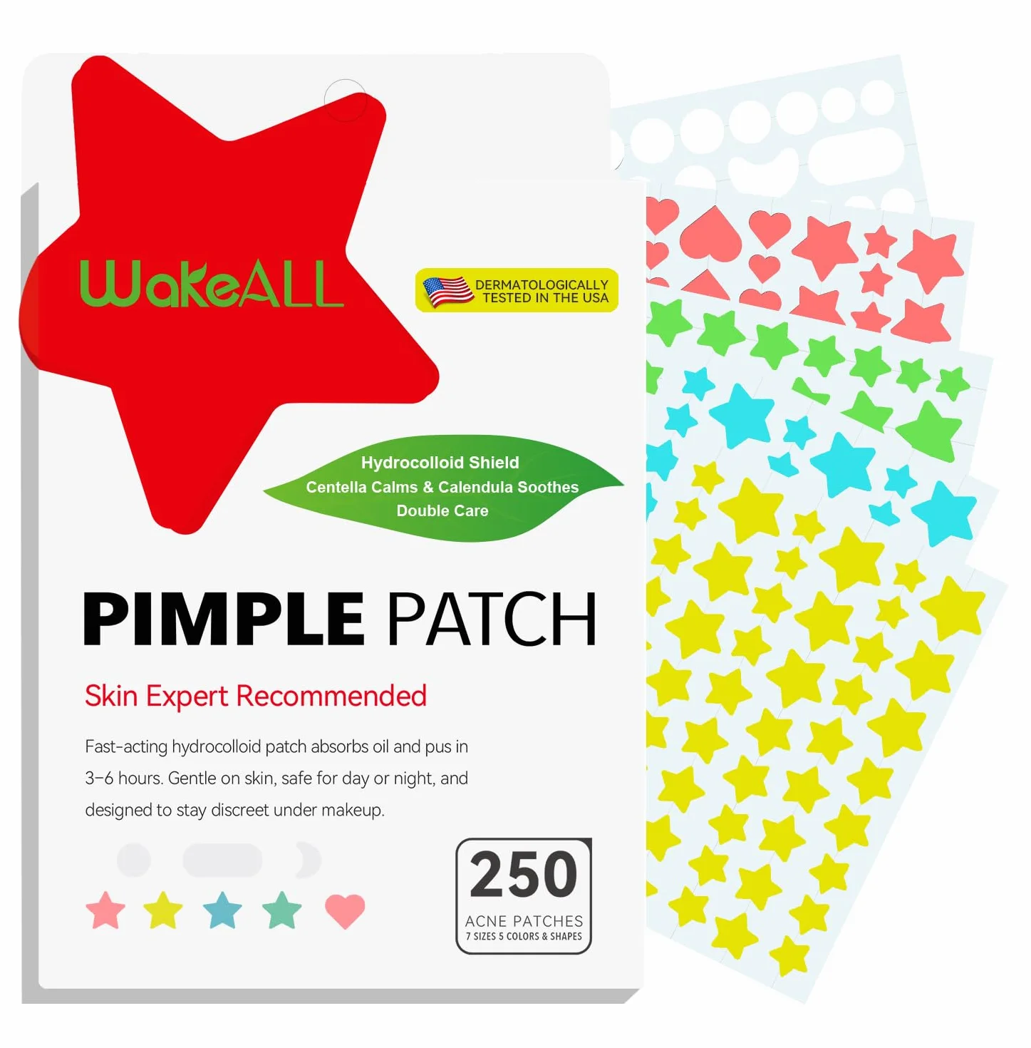Patch Brufoli, Pimple Patch, 250 pezzi 7 misure, 5 forme e colori, Cerotti Brufoli Viso, Patch Brufoli Stelline, Hydrocolloid Acne Patch Vestibilità Precisa, Tea Tree, Acido Salicilico e Centella