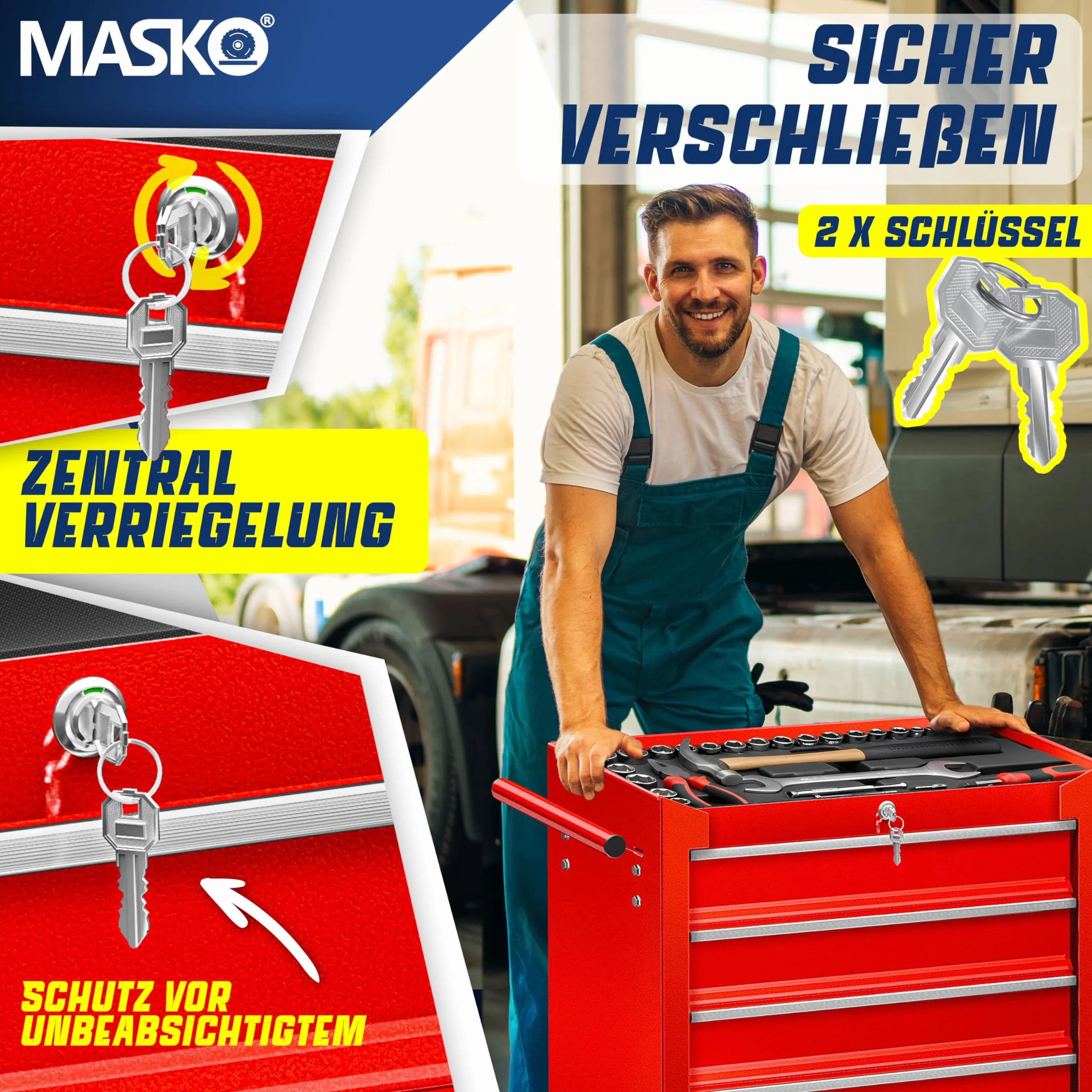 MASKO Carrello da officina 5 cassetti richiudibile in metallo massiccio con serratura