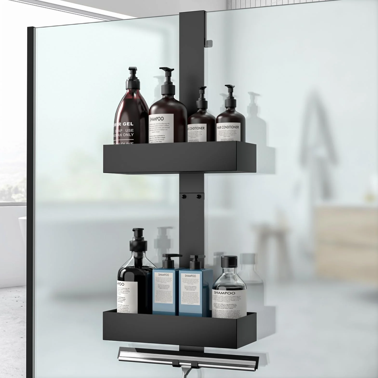 Mensola Doccia da Appendere Porta Shampoo Bagno Senza Foratura per Porta in Vetro Senza Telaio Nero 2 Livelli