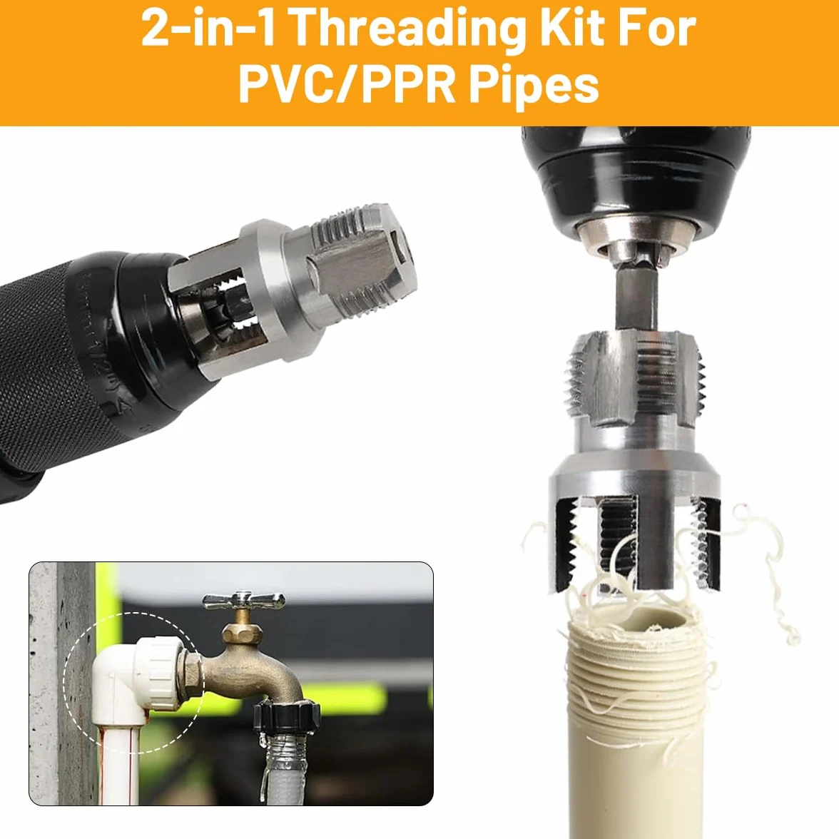 Filettatore per Tubi PVC/PPR 2 Pezzi 2 in 1 Kit Utensile Integrato Filettatura Interna Esterna 1/2" 3/4" Trapano Elettrico