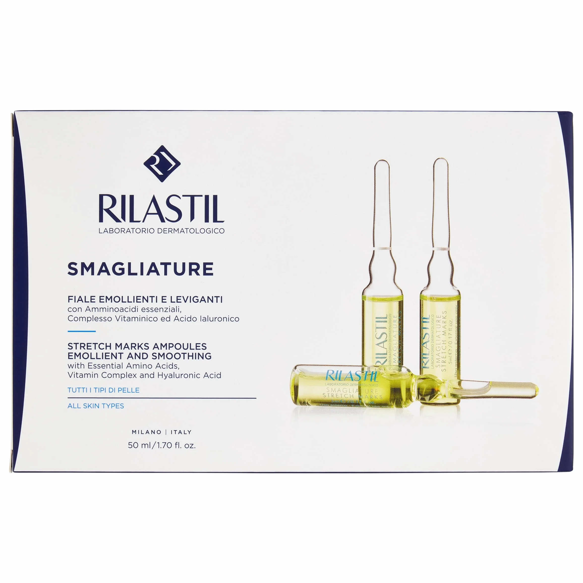 Rilastil Fiale Smagliature, Trattamento Intensivo, Emollienti e Leviganti, Tutti i Tipi di Pelle, Confezione da 10 fiale da 5 ml