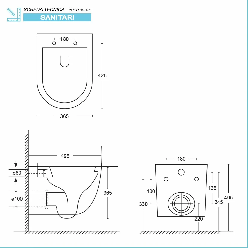 Sanitari sospesi TAO con risciacquo a vortice e copriwc soft-close, scarico universale a parete