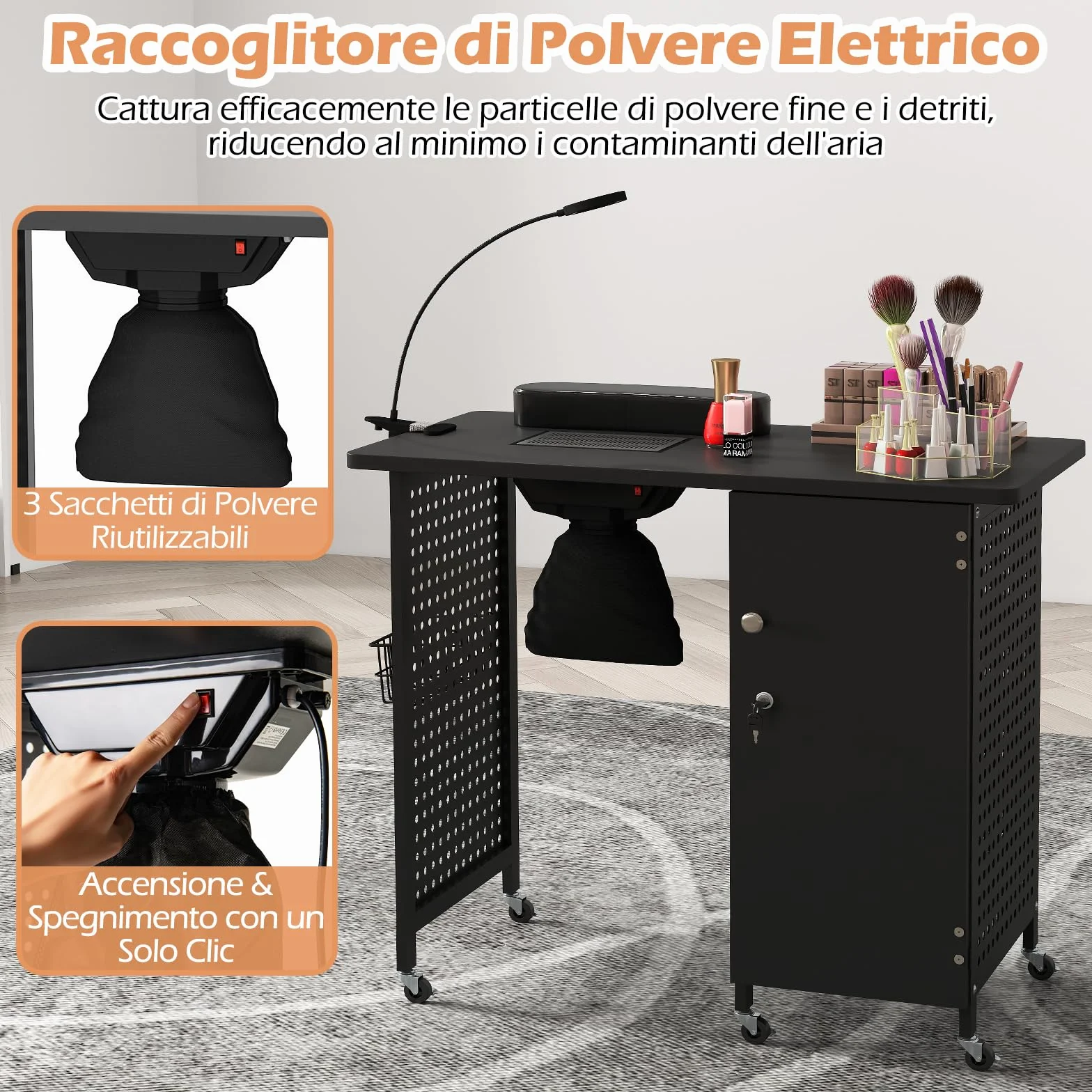 COSTWAY Tavolo Manicure con Aspiratore, Tavolo per Unghie con 6 Ruote Bloccabili, Sacchetti per Polvere, Armadio Chiudibile con 4 Vassoi, Poggiapolsi, Lampada LED e Cestino Metallico, 90x79x45cm