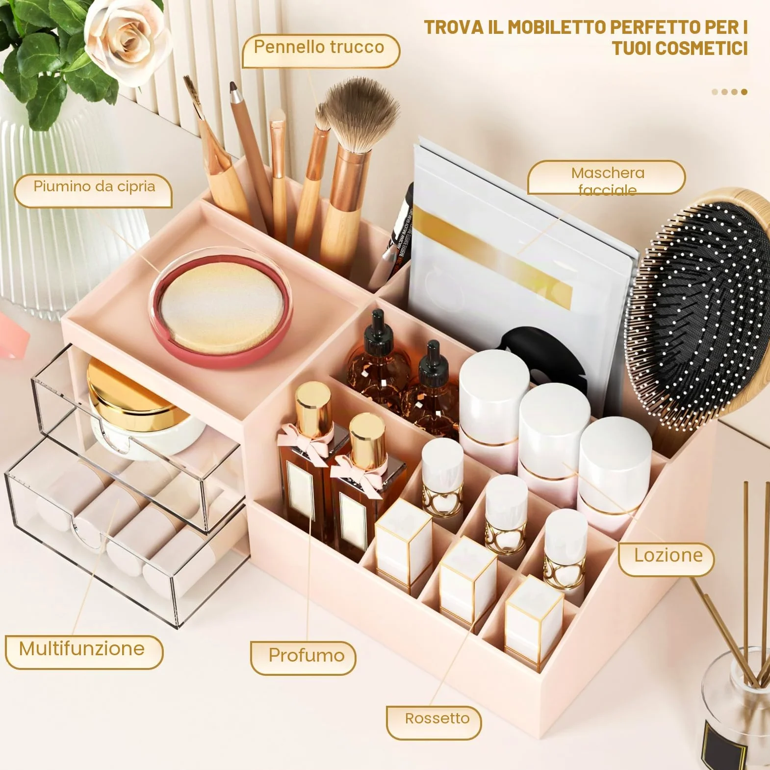 Subsky Portatrucchi con Cassetti - Contenitore Cosmetici, Organizzatore per Cura della Pelle, Organizzatore Multifunzione per Ufficio, Scatola per Cosmetici con Cassetti per Toeletta, Bagno, Rosa