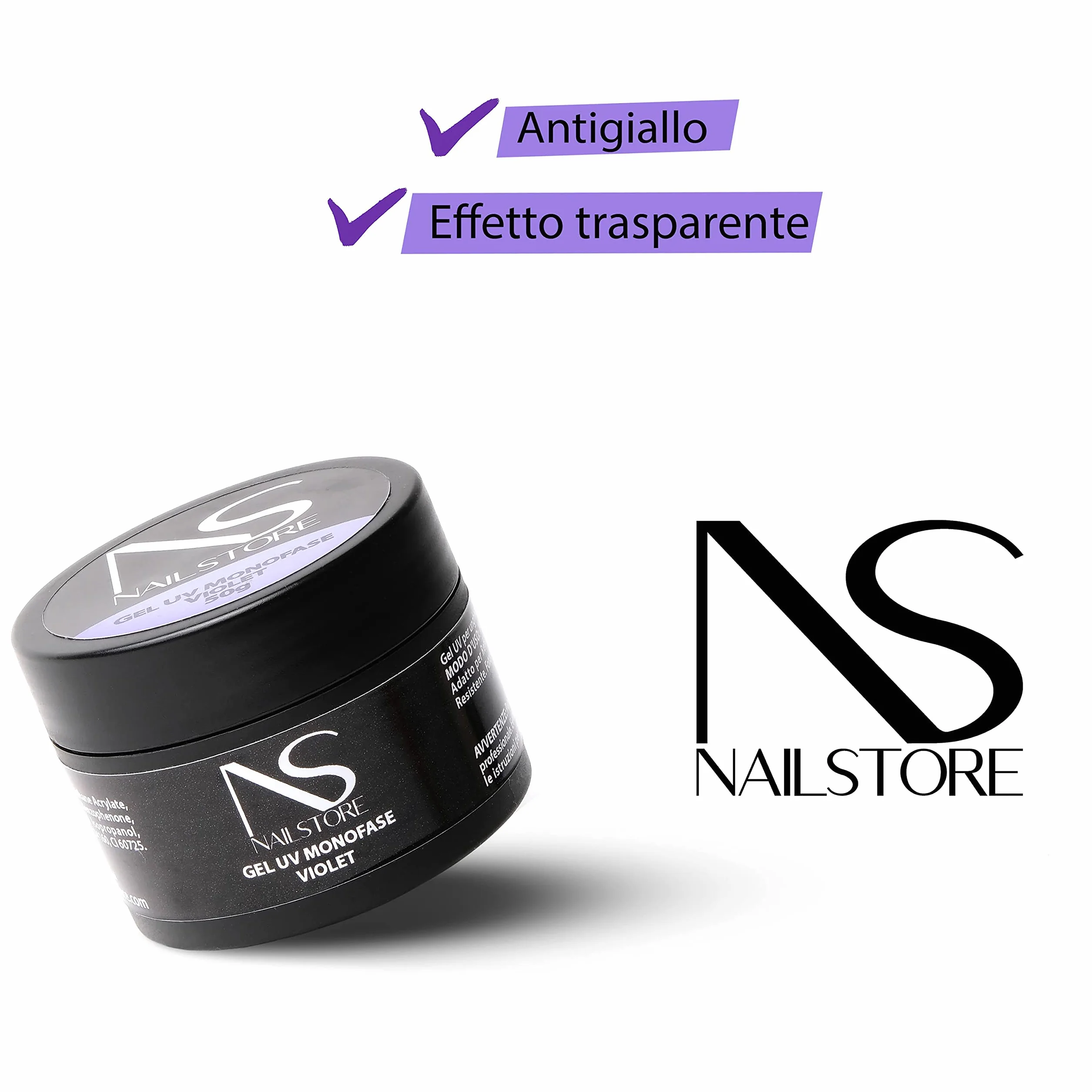 NAILSTORE - Gel UV Led Costruttore Monofasico Clear Violet Trasparente – evita l’ingiallimento unghie - media densità – autolivellante – adatto per ricostruzione unghie con cartine e per refill (30g)