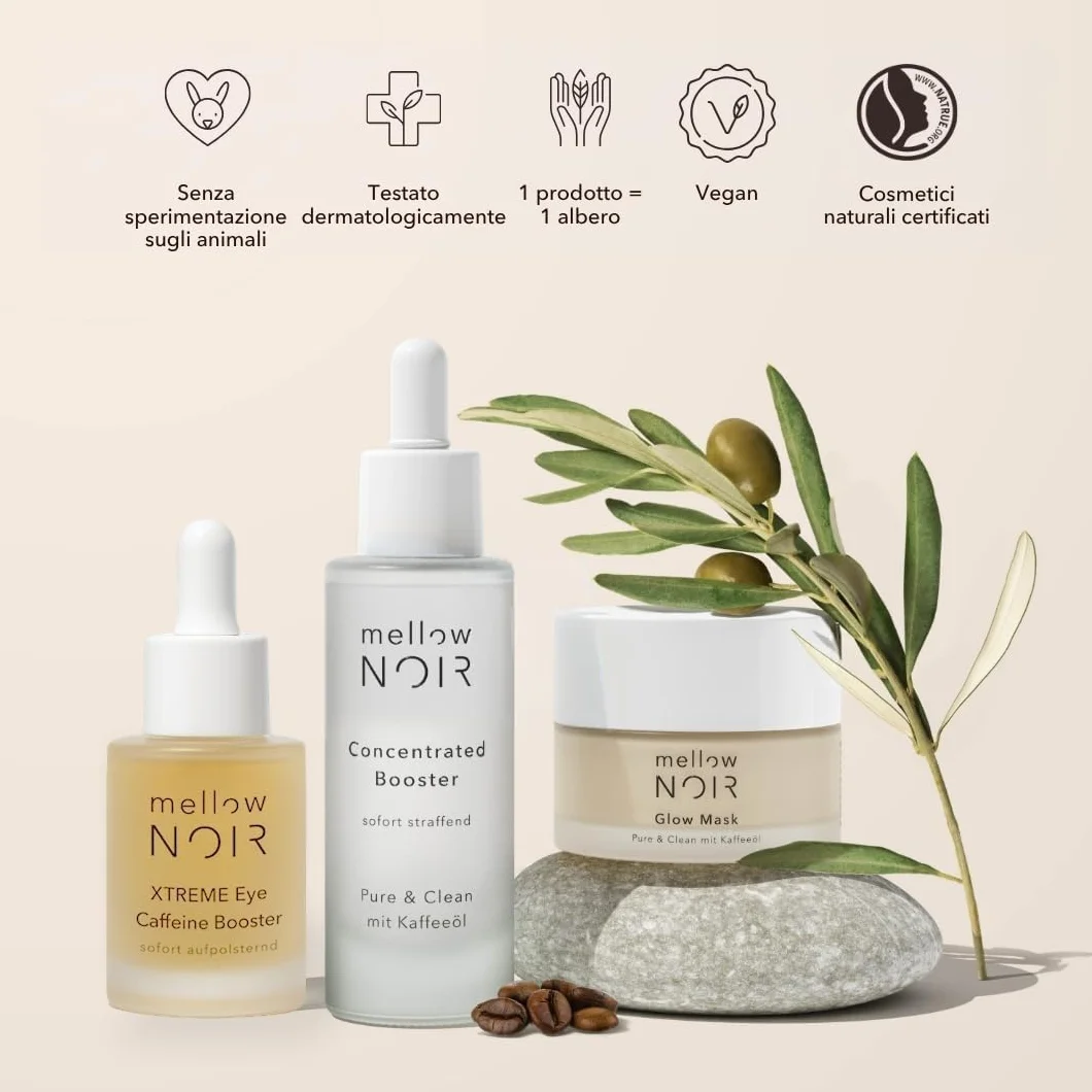 mellow NOIR Concentrated Booster 15ml | EFFETTO RASSODANTE IMMEDIATO | Siero viso all'acido ialuronico | Siero contorno occhi | Trattamento occhi e viso | Vegano | Cosmesi naturale certificata