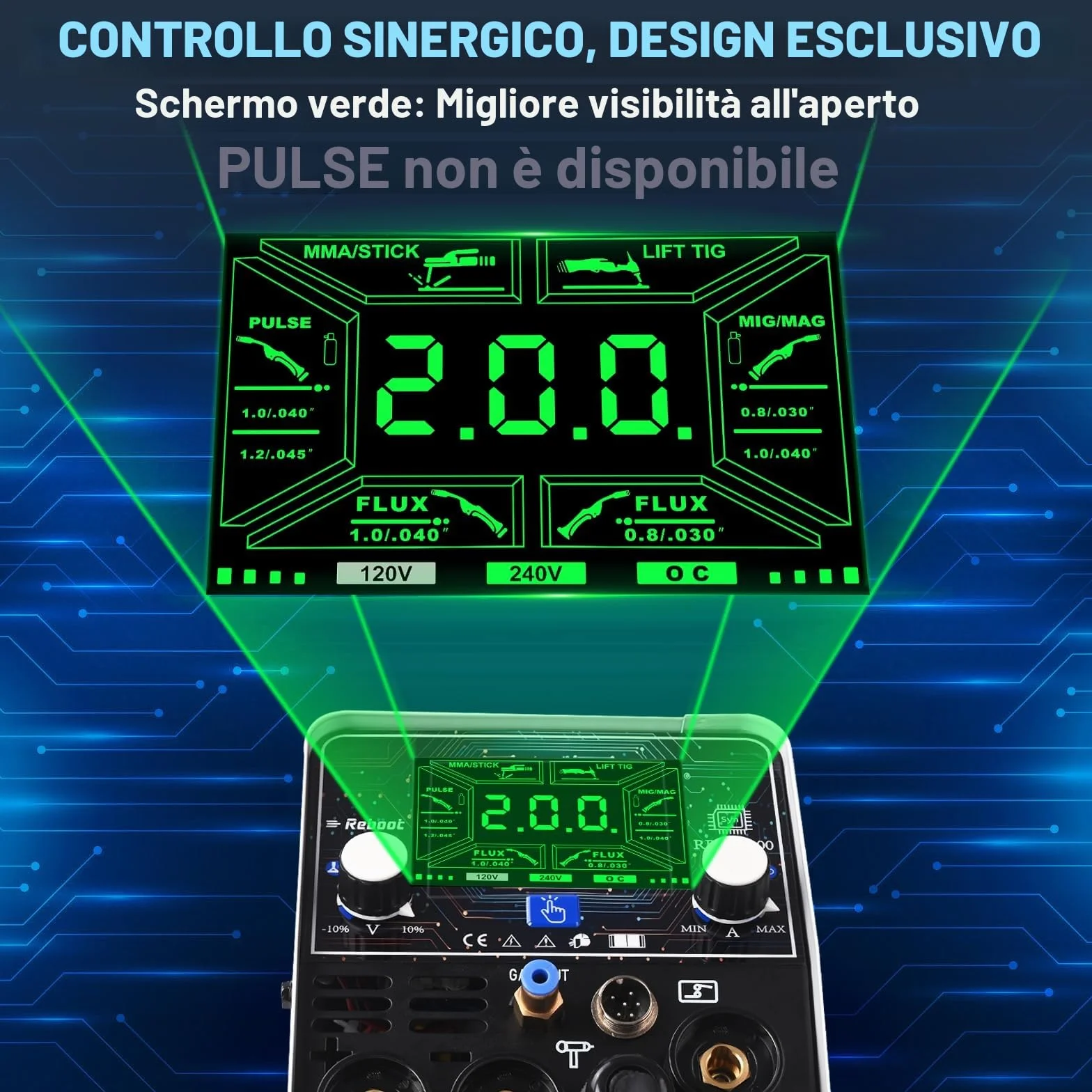 Reboot RBM2000 PRO Saldatrice MIG 200A 5 in 1 Inverter Sinergico MIG Gas/Gasless MMA Lift TIG Spot Display LED