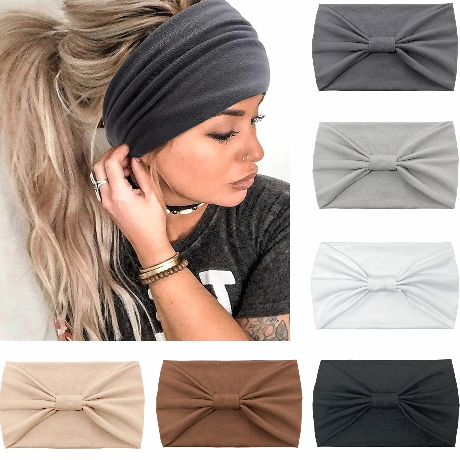 Kavya 6 Pezzi Fasce Per Capelli Donna, Larga Fascia Capelli Elastici Stampa Boho Alla Moda Stampa Floreale Accessori Capelli Per Lavoro Quotidiano Yoga (Grigio)