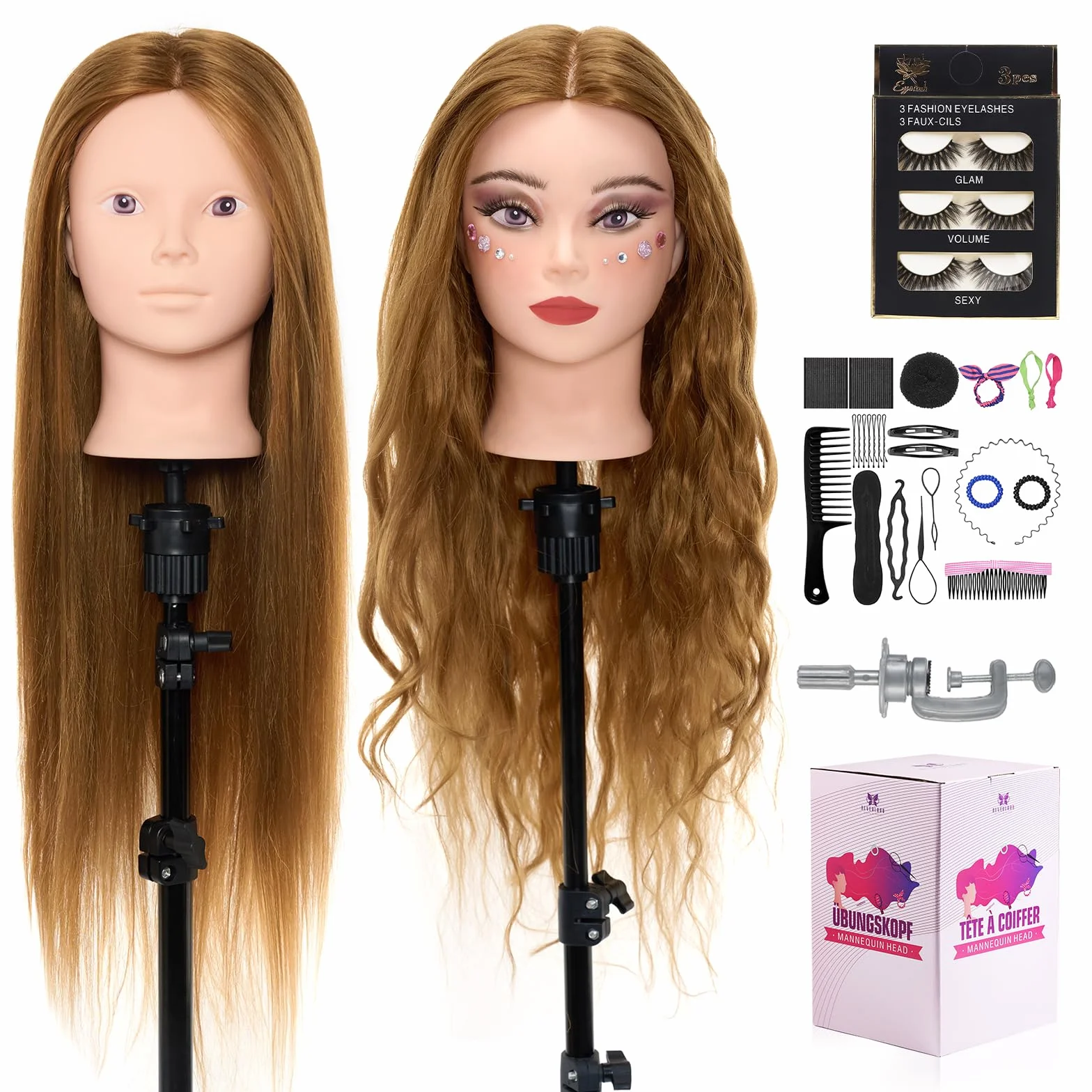 Neverland Testa per Parrucchieri, 28" 60% Capelli Veri Testa Bambola da Truccare e Pettinare Testa Manichino con Supporto Morsetto da Tavolo, Ciglia, Fai da te Capelli Styling Treccia Set