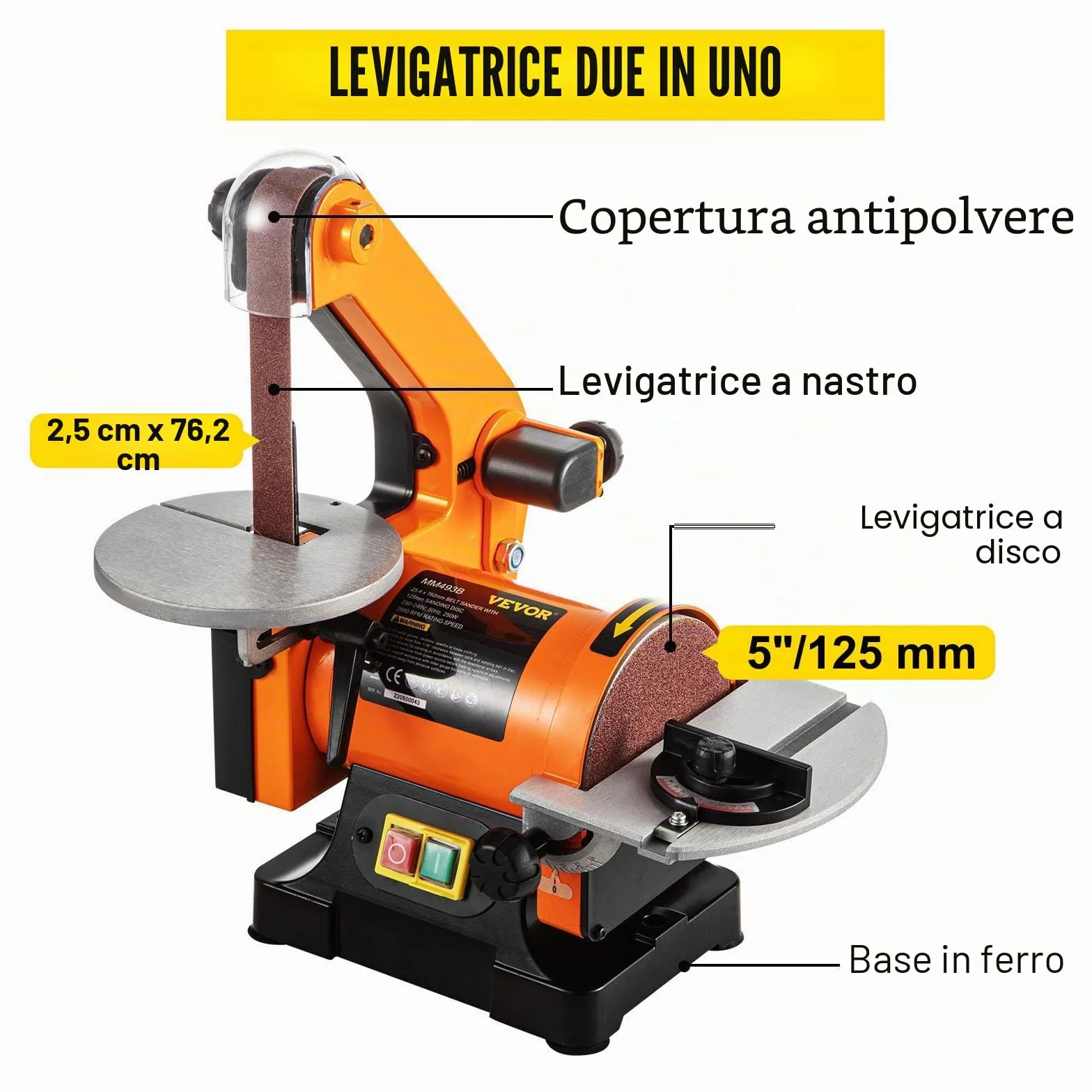 VEVOR Levigatrice a nastro e a disco 250 W 230 V 25,4 x 760 mm 2980 giri/min