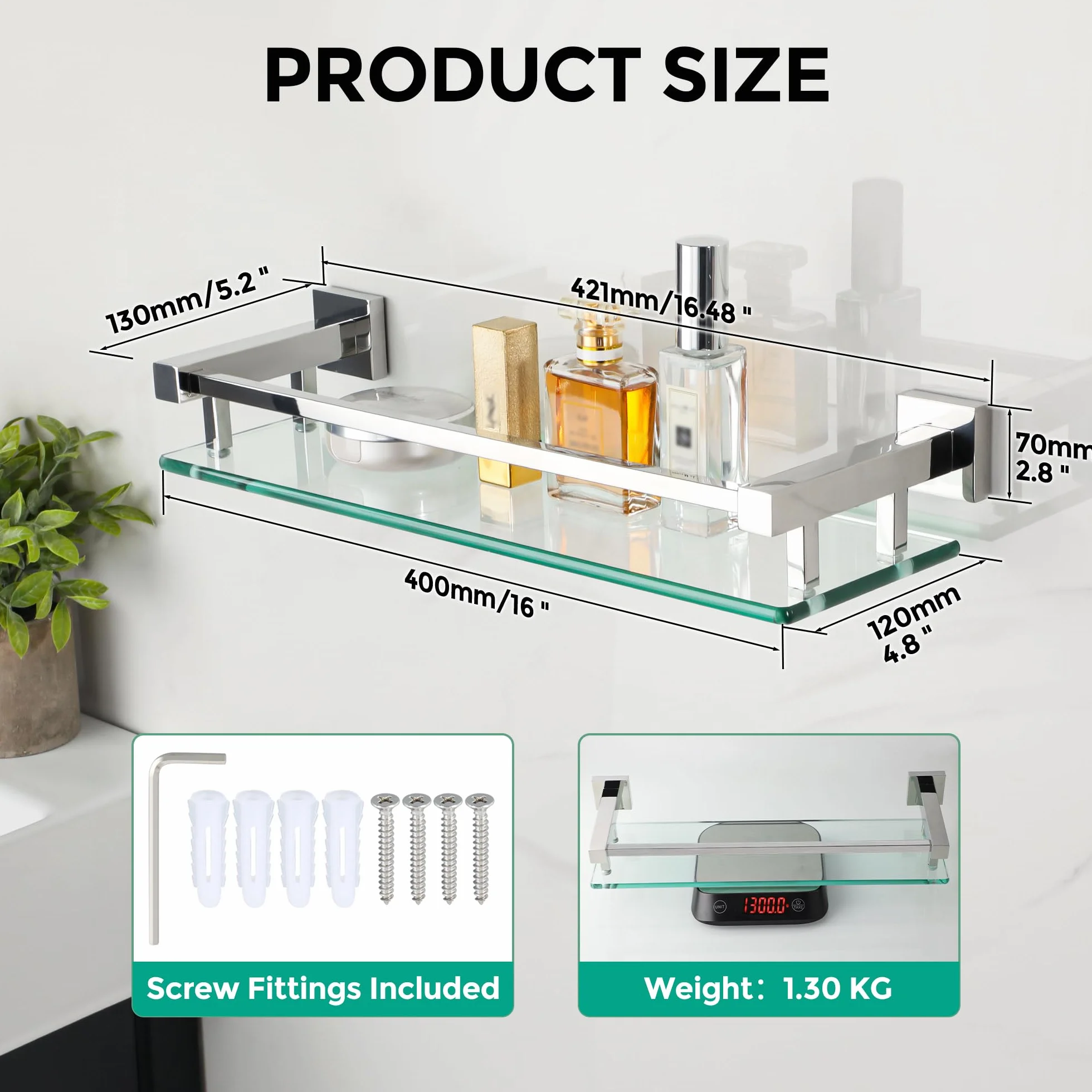 Mensola Doccia Vetro 40CM Acciaio Inox 304 Cromo Lucido per Bagno