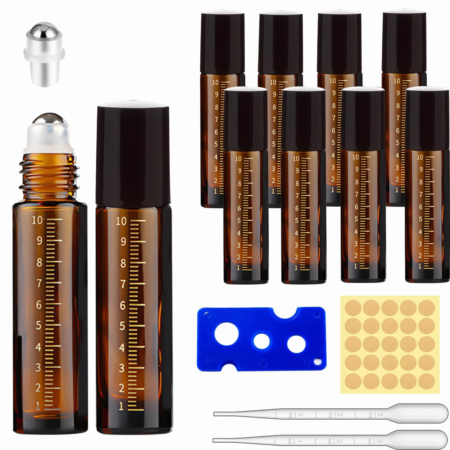 THINTON Roll on - Bottiglia vuota da 10 ml, 8 bottiglie di vetro Roll on per olio essenziale, ricaricabili, per oli, profumi, cosmetici, massaggi