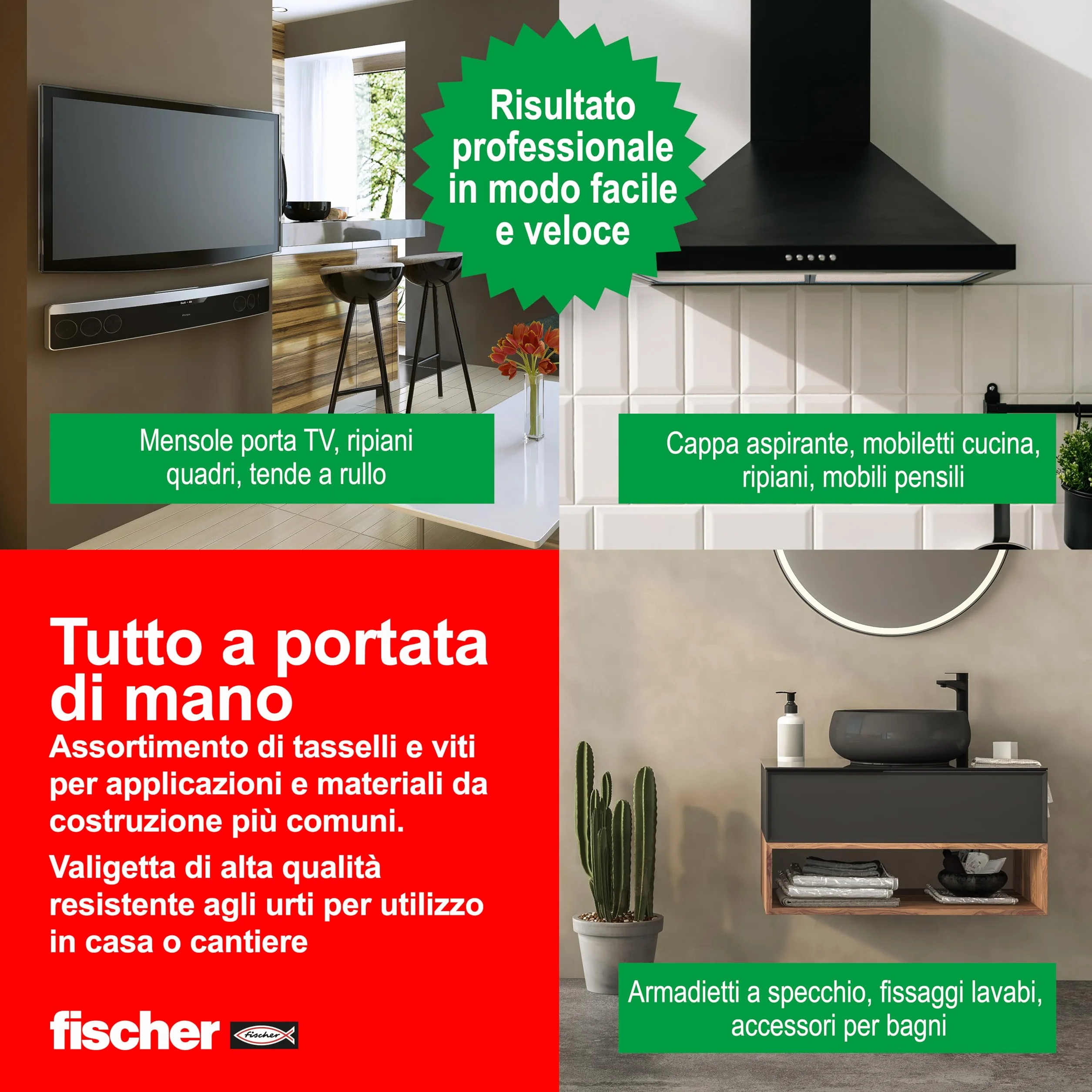 Fischer DUOPOWER Kit Valigetta 80 Tasselli Universali per Muro Pieno, Mattone Forato, Cartongesso, Calcestruzzo