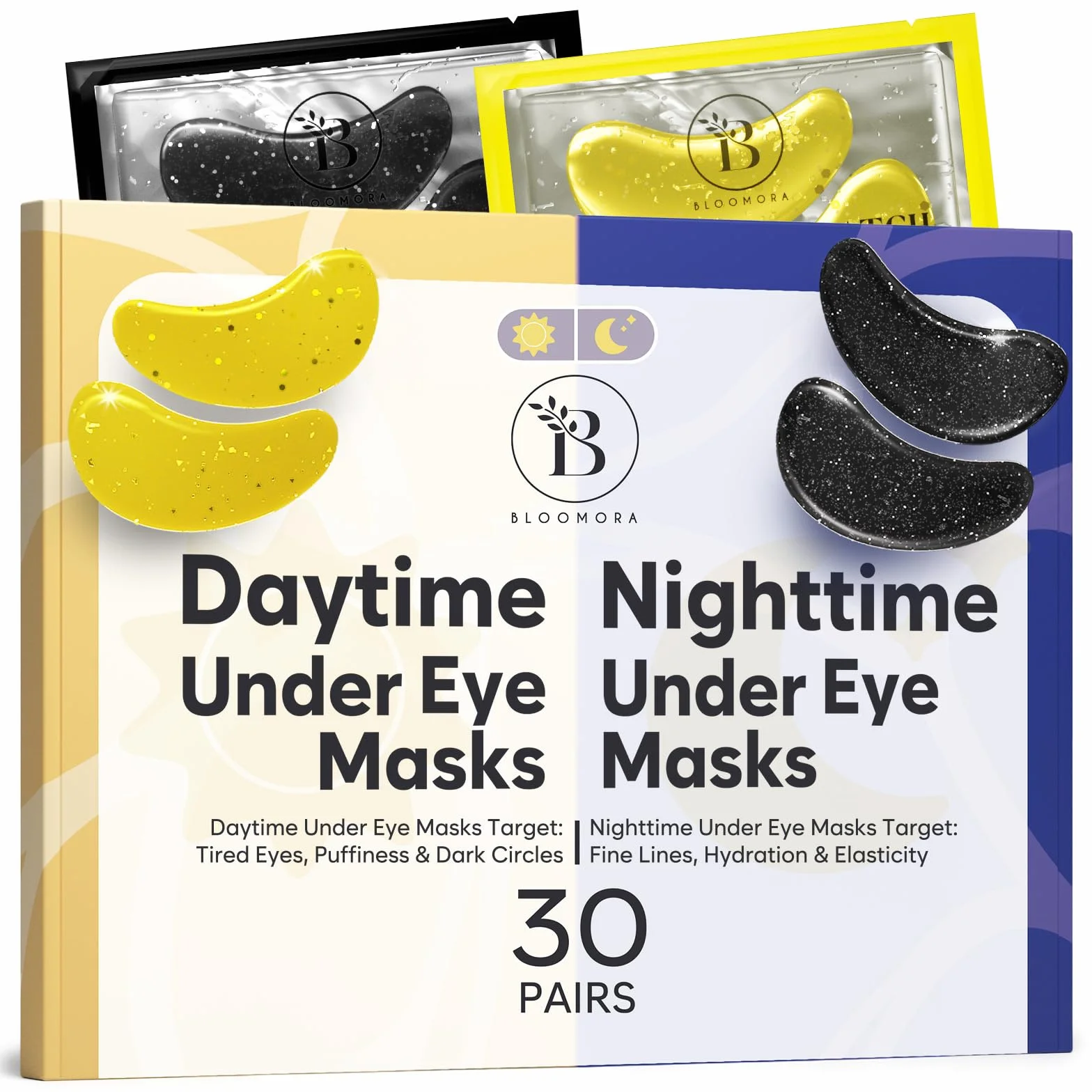Patch Occhi Giorno e Notte, Maschera Occhi con Caffeina, Collagene e Acido Ialuronico, Patch Occhiaie e Borse, Maschera Occhiaie, Eye Mask per l'idratazione e Gonfiore (30 Paia)