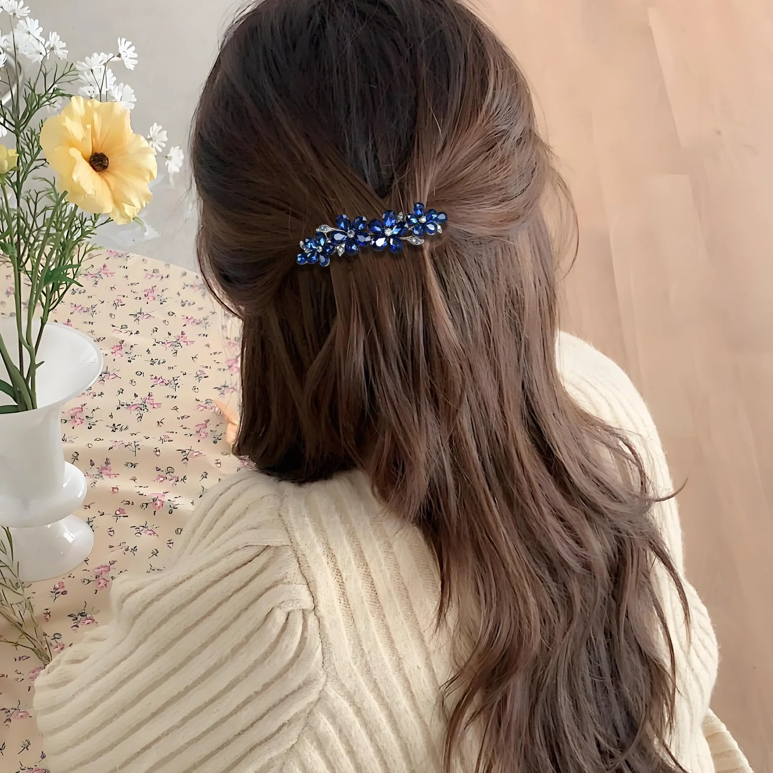 2 fermagli per capelli blu da donna, fermagli con strass e cristallo di alta qualità, accessori per capelli da donna con capelli sottili e spessi, presa sicura per varie acconciature