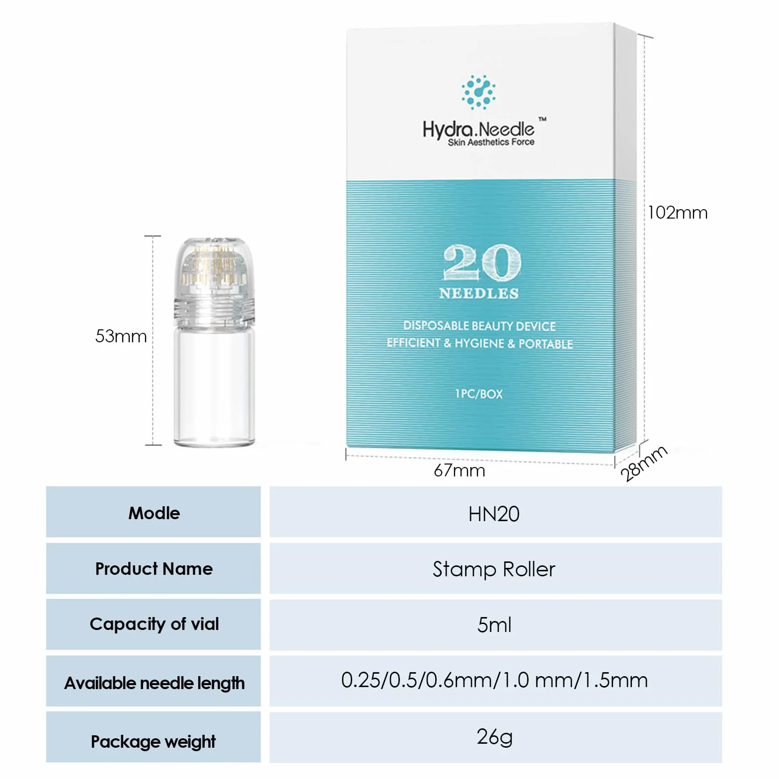 Derma Stamp Hydra Needle 20, Microneedling Titanio 20 Pin Lunghezza 0.5mm, Bottiglia Applicatrice di Siero Riutilizzabile per Cura della Pelle & Stimolazione della Crescita di Capelli Barba