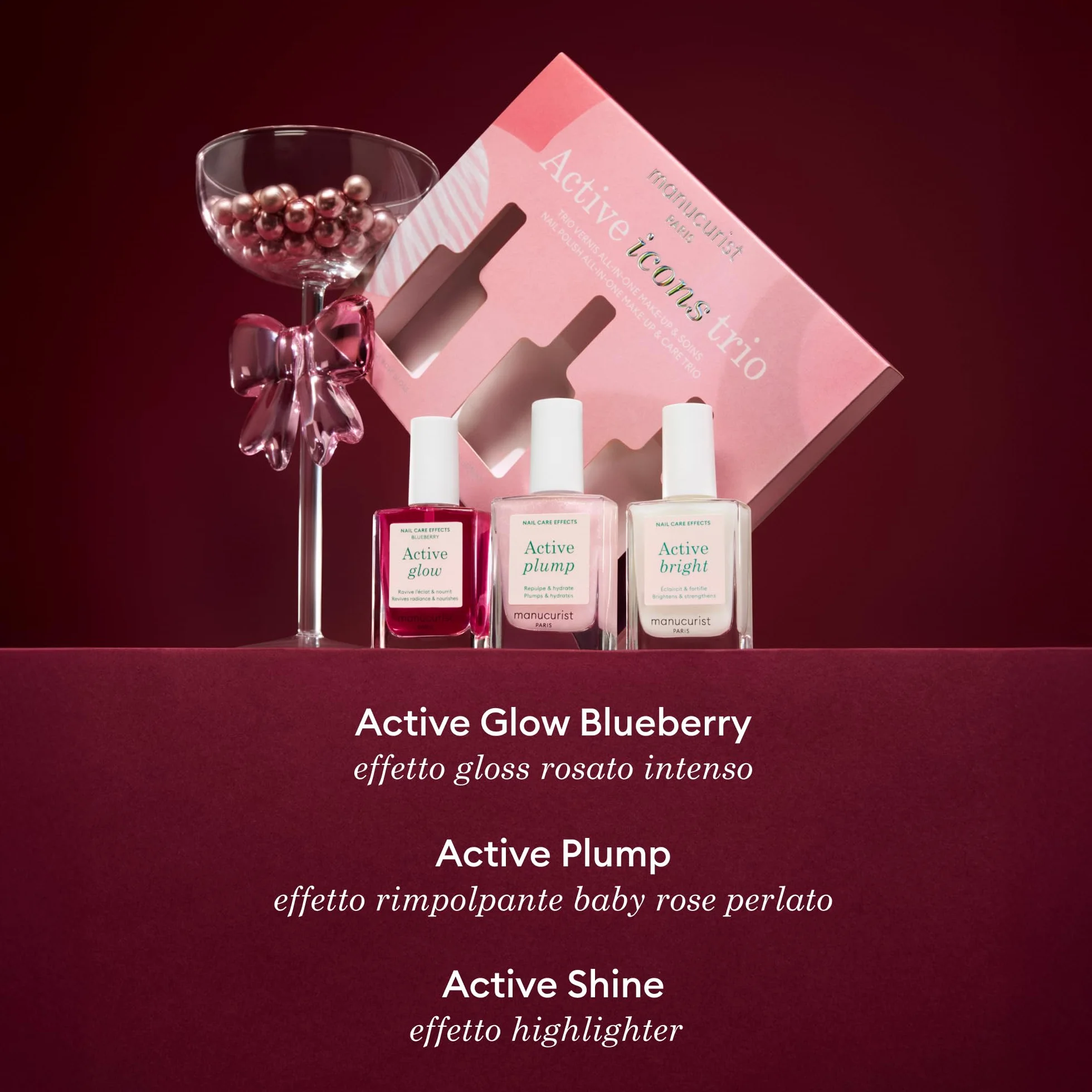 Set Regalo Unghie Manucurist Active Icons Trio - Smalti Active Glow Blueberry, Shine, Plump - Trattamento illuminante e cura - Smalto Rinforzante Unghie - Cofanetto Regalo Donna - Regali Donna