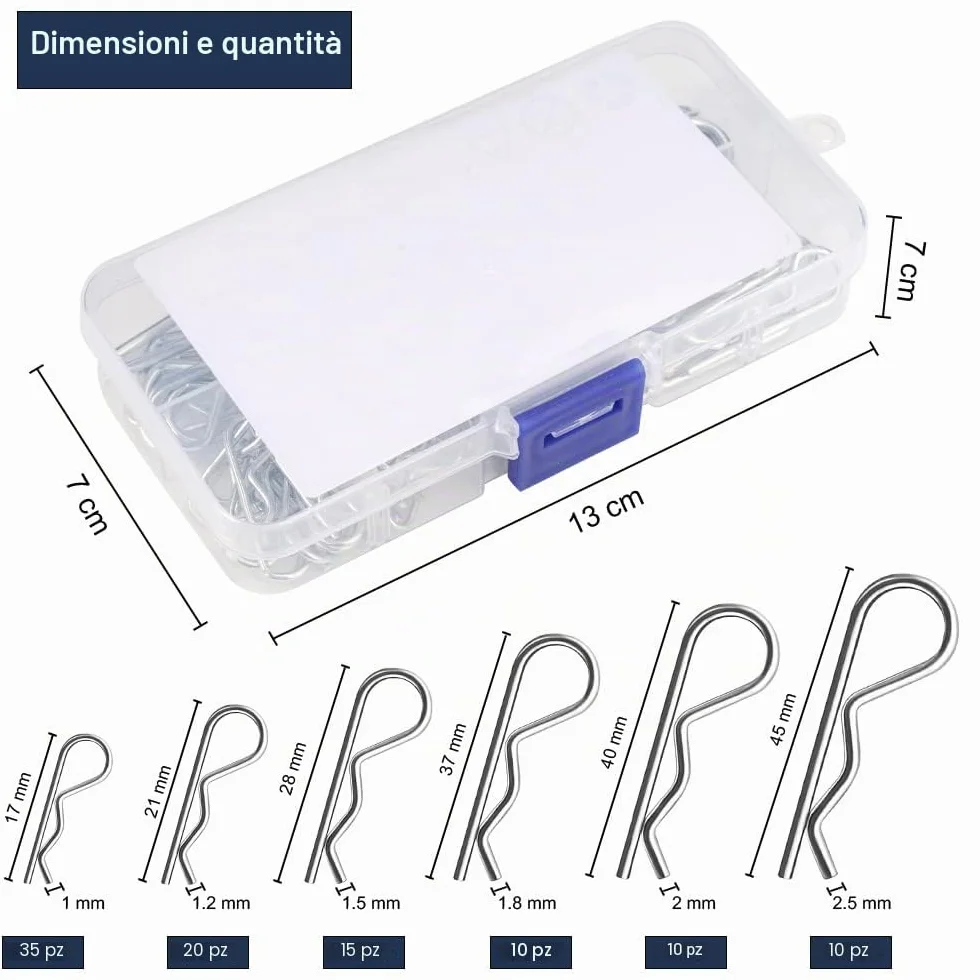 Set di 6 Coppiglie Spaccate in Acciaio Inox, R Clip a Molla per Auto e Trattori
