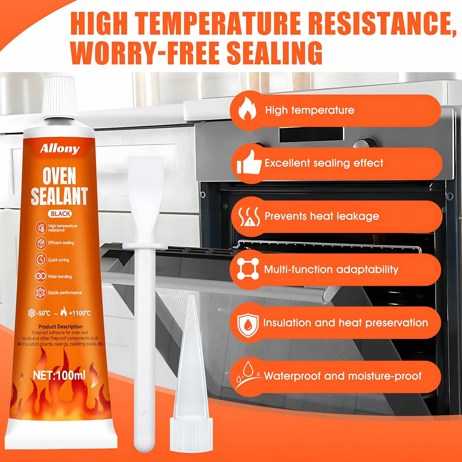 Adesivo Resistente al Calore 1100°C Nero - ALLONY Silicone Alta Temperatura per Guarnizioni