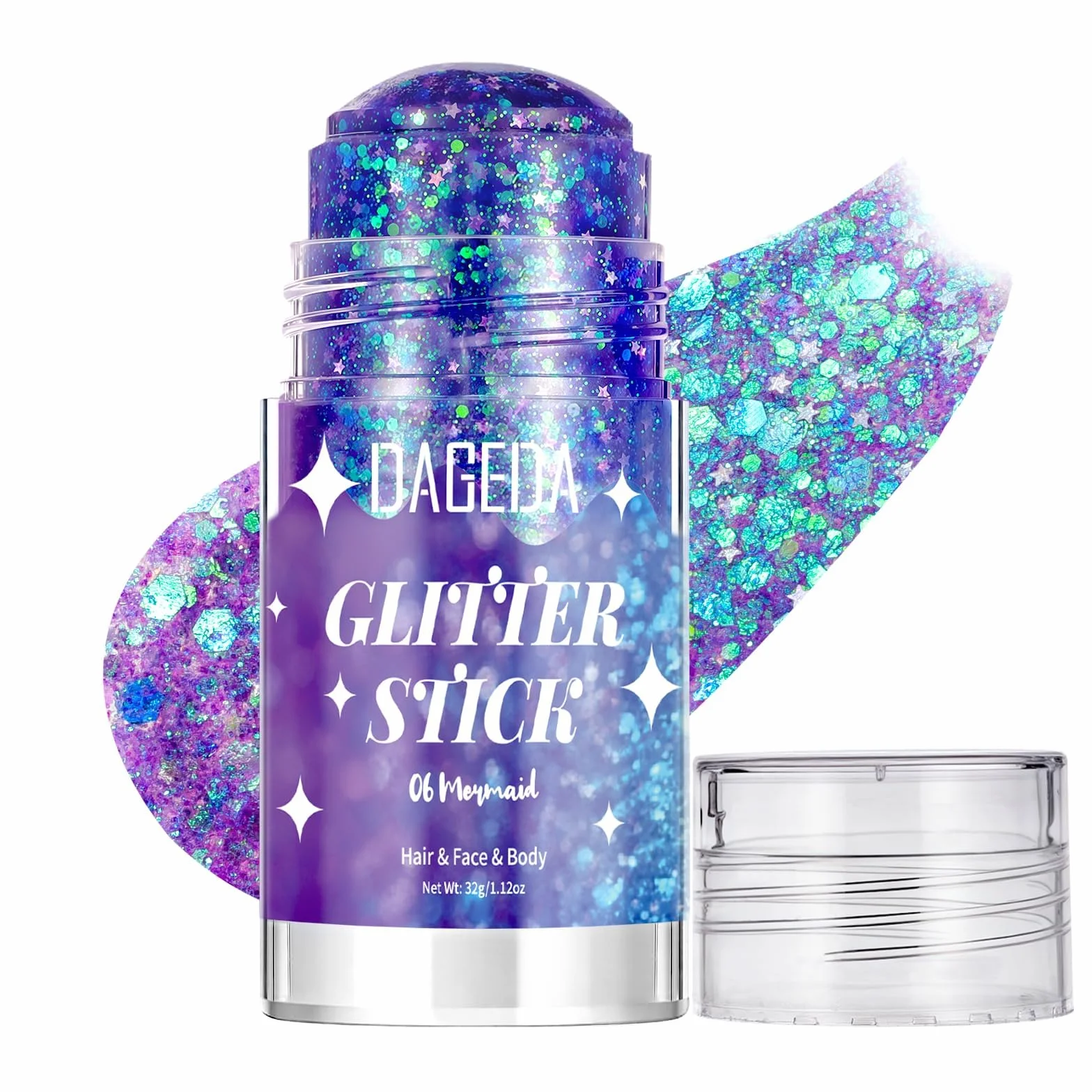Prreal Sirena Glitter Stick per il Corpo, Glitter Scintillante per Capelli e Viso, Trucco per Donne, Accessori per Outfit da Rave, Glitter Olografico per Viso Sirena, Pennello per Trucco per Donne