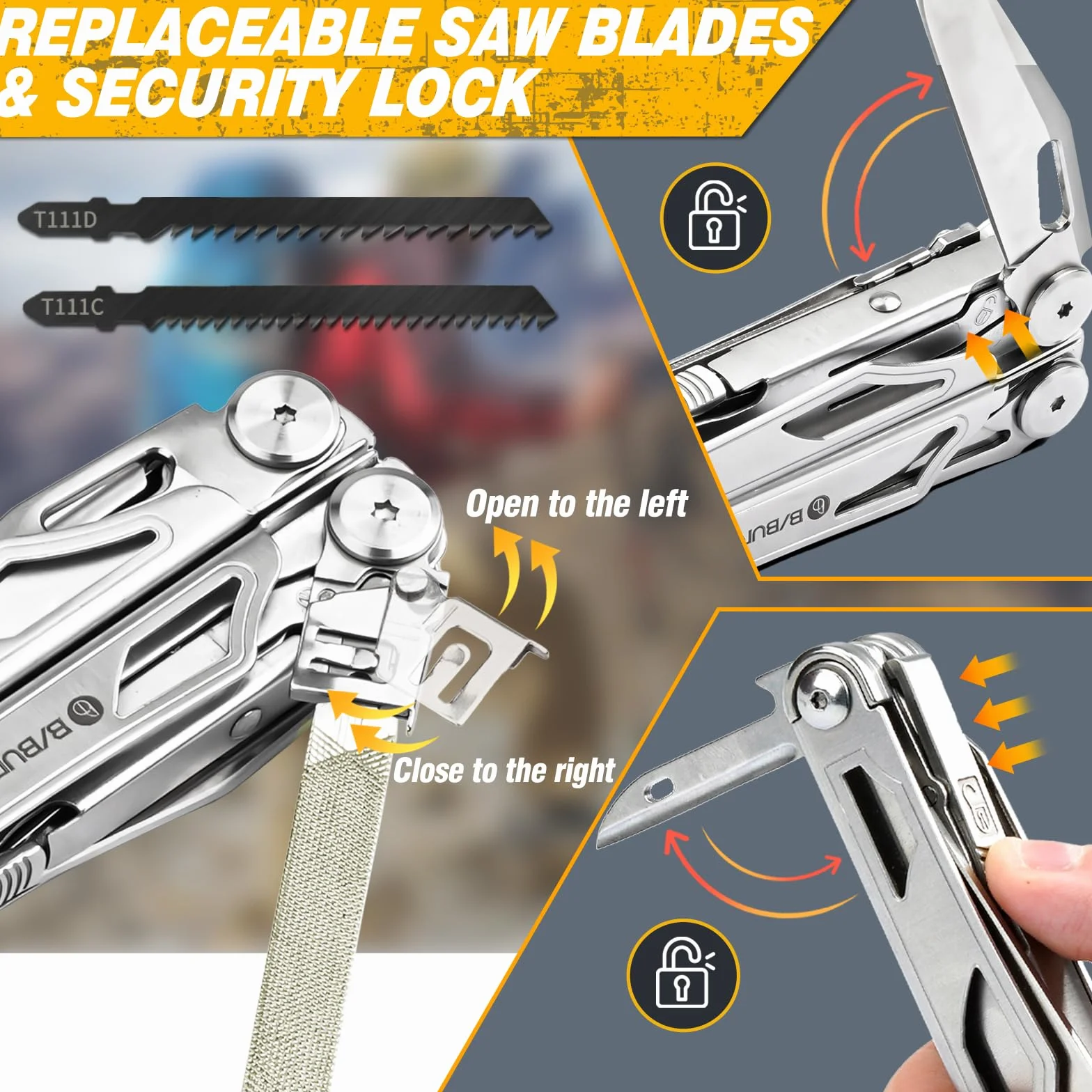 BIBURY Pinza Multiuso Multifunzione in Acciaio Inox Multitool con Forbici e Seghe Sostituibili