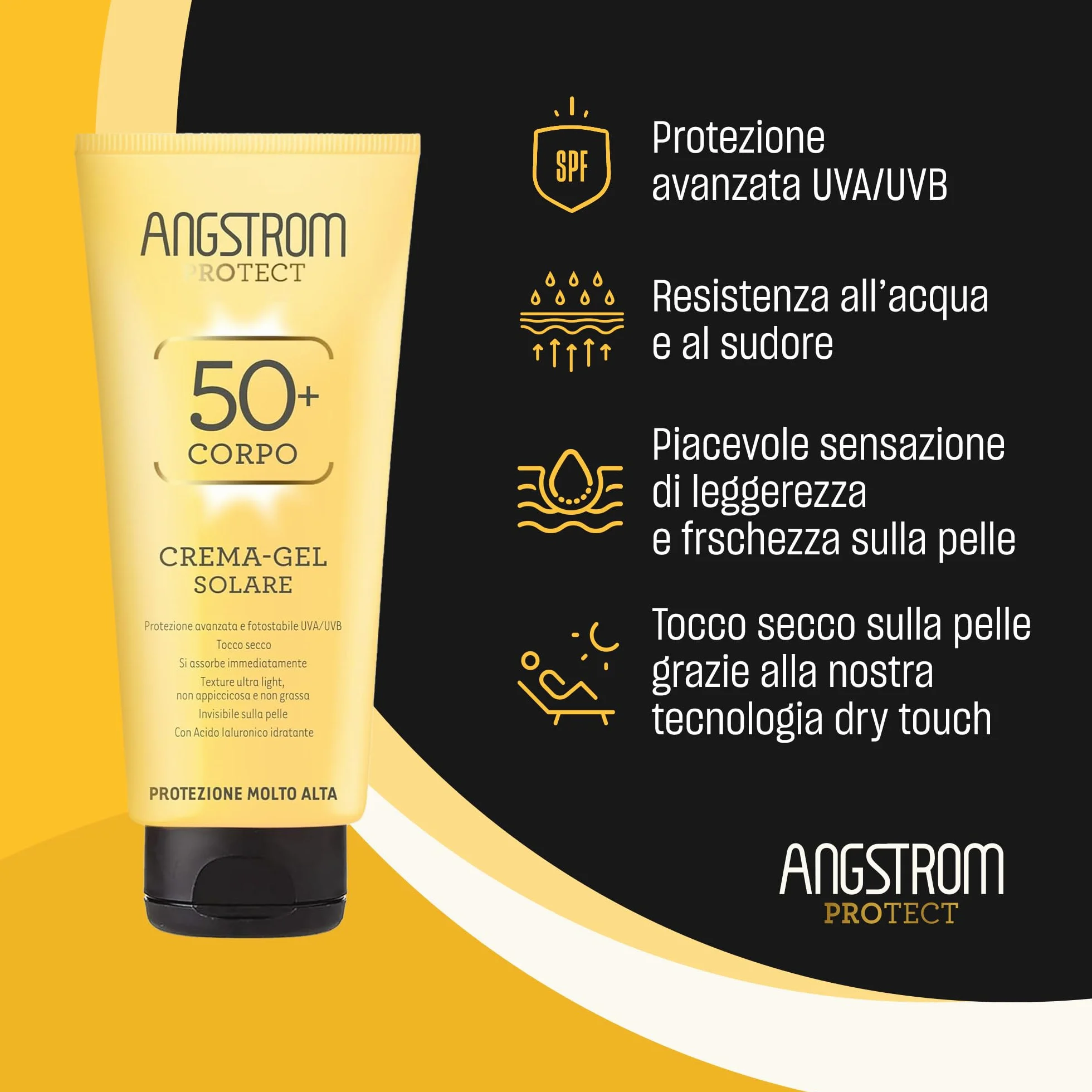 Angstrom Protect Crema-Gel Solare SPF 50+, Ultra light, Resistente all'acqua, Dermatologicamente testato, 200ml