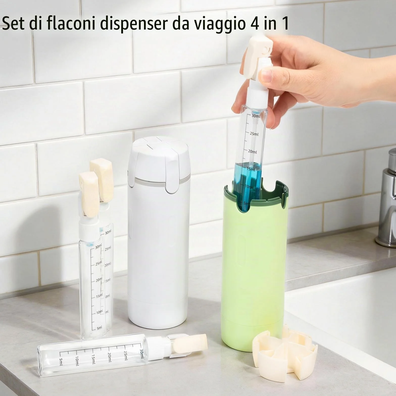 Set di 4 flaconi dispenser da viaggio: flaconi con pompetta ricaricabili, a prova di perdite, per articoli da toeletta - contenitori da viaggio portatili per shampoo, lozione, balsamo e crema (verde)