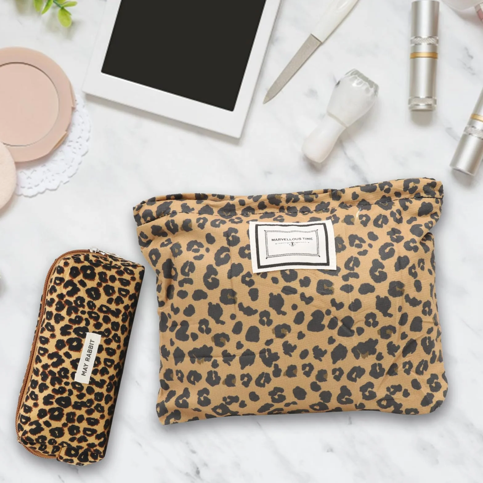 VEGCOO 2 Pezzi Borsa per Cosmetici per Donna, Stampa Leopardo Pochette con Cerniera Trousse Trucchi Organizer, Pochette Trucchi Viaggio per Regalo Compleanno Natale (Leopardo B)