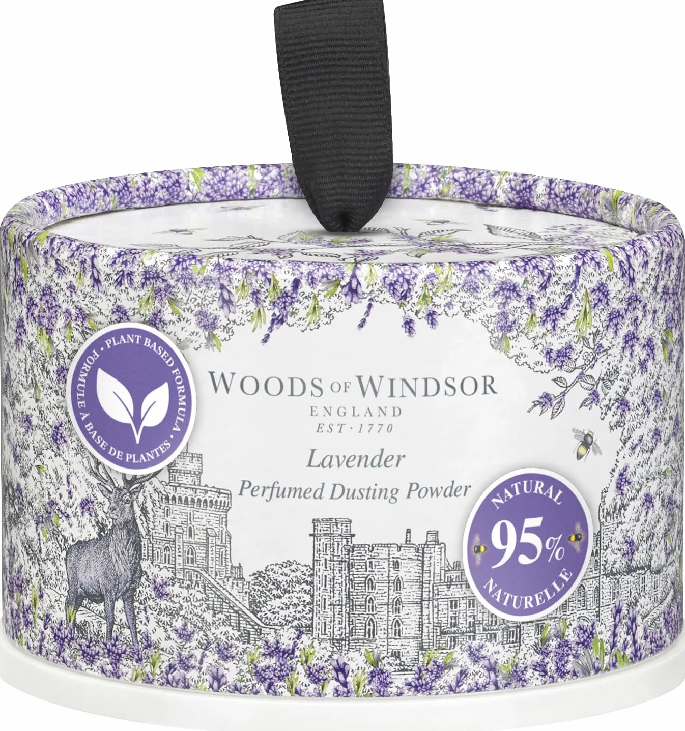 Woods of Windsor Polvere Profumata alla Lavanda con Puff Corpo, Alternativa al Talco, Controllo Odori e Prevenzione Irritazioni, 95% Ingredienti Naturali, Vegano e Cruelty Free, 100g
